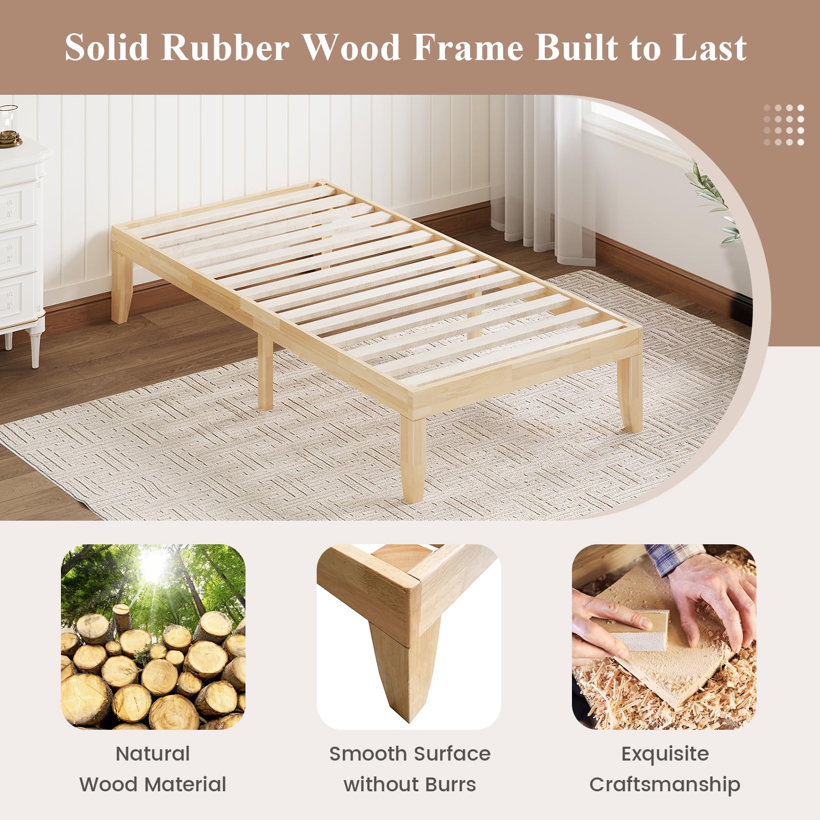 14 Inches Wood Platform Bed Frame, Solid Wood Mattress Foundation with Rubber Wood Frame