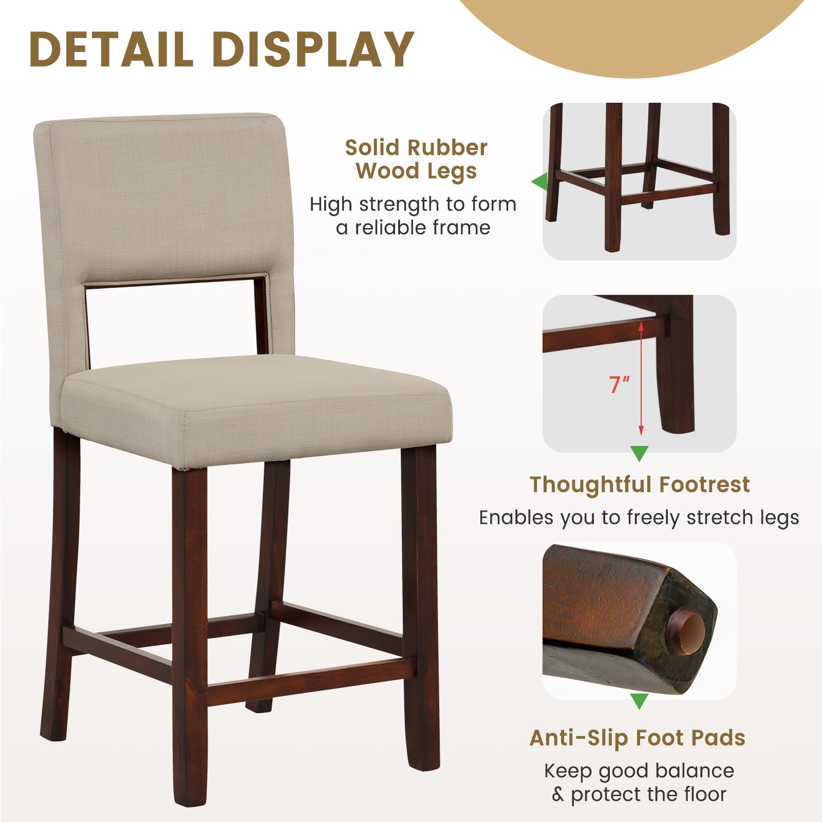 24.5" Counter Height Bar Stools Set of 2, Linen Barstools with Back, Rubber Wood Legs