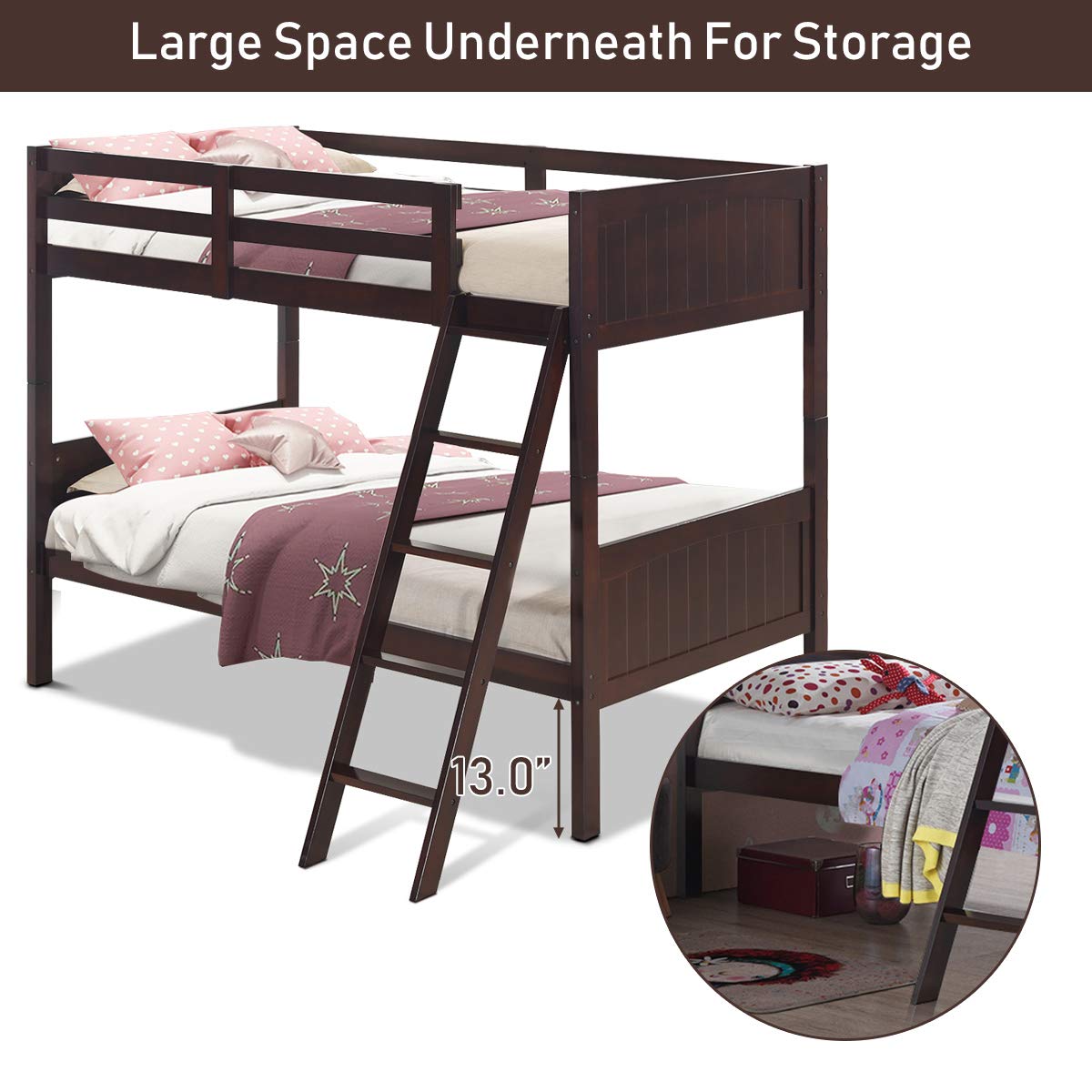 Wood Twin Over Twin Bunk Beds, Convertible 2 Individual Twin Beds for Kids Children