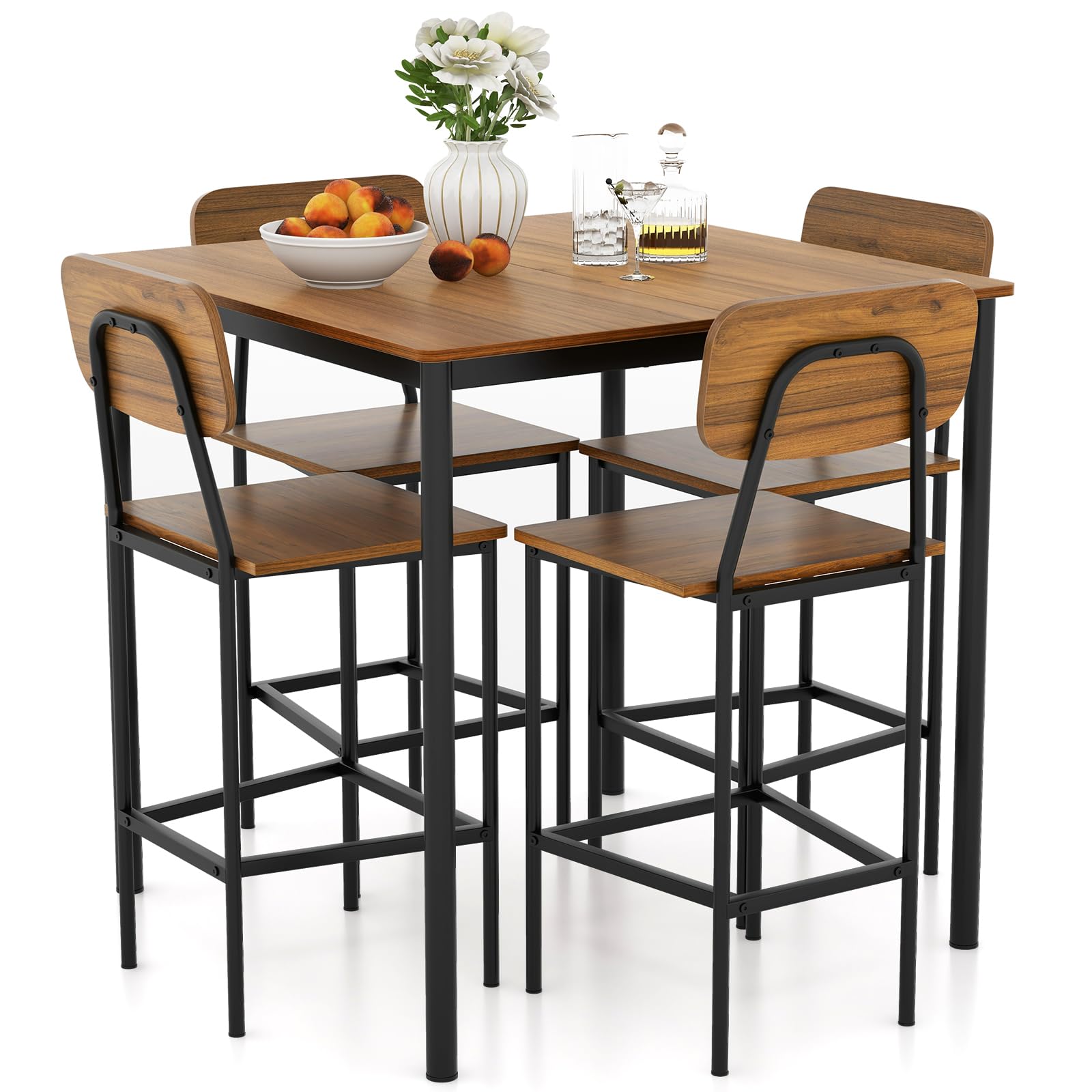 5 Piece Dining Table Set with Counter Height Table & 4 Bar Stools, Industrial Kitchen Dining Table Set  with Footrest & Backrest