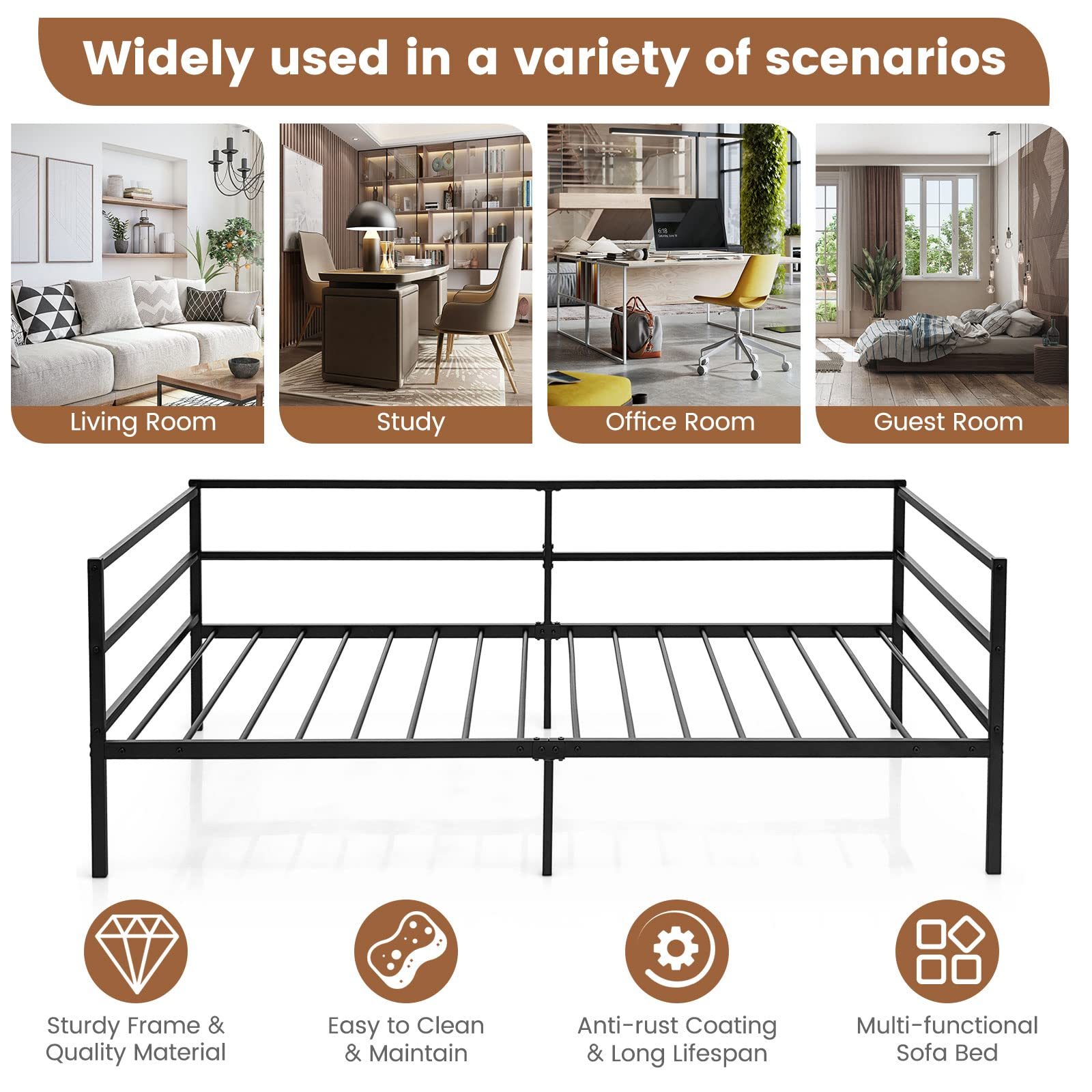 Twin Size Metal Daybed Frame, Heavy-Duty Steel Slats Support Sofa Bed