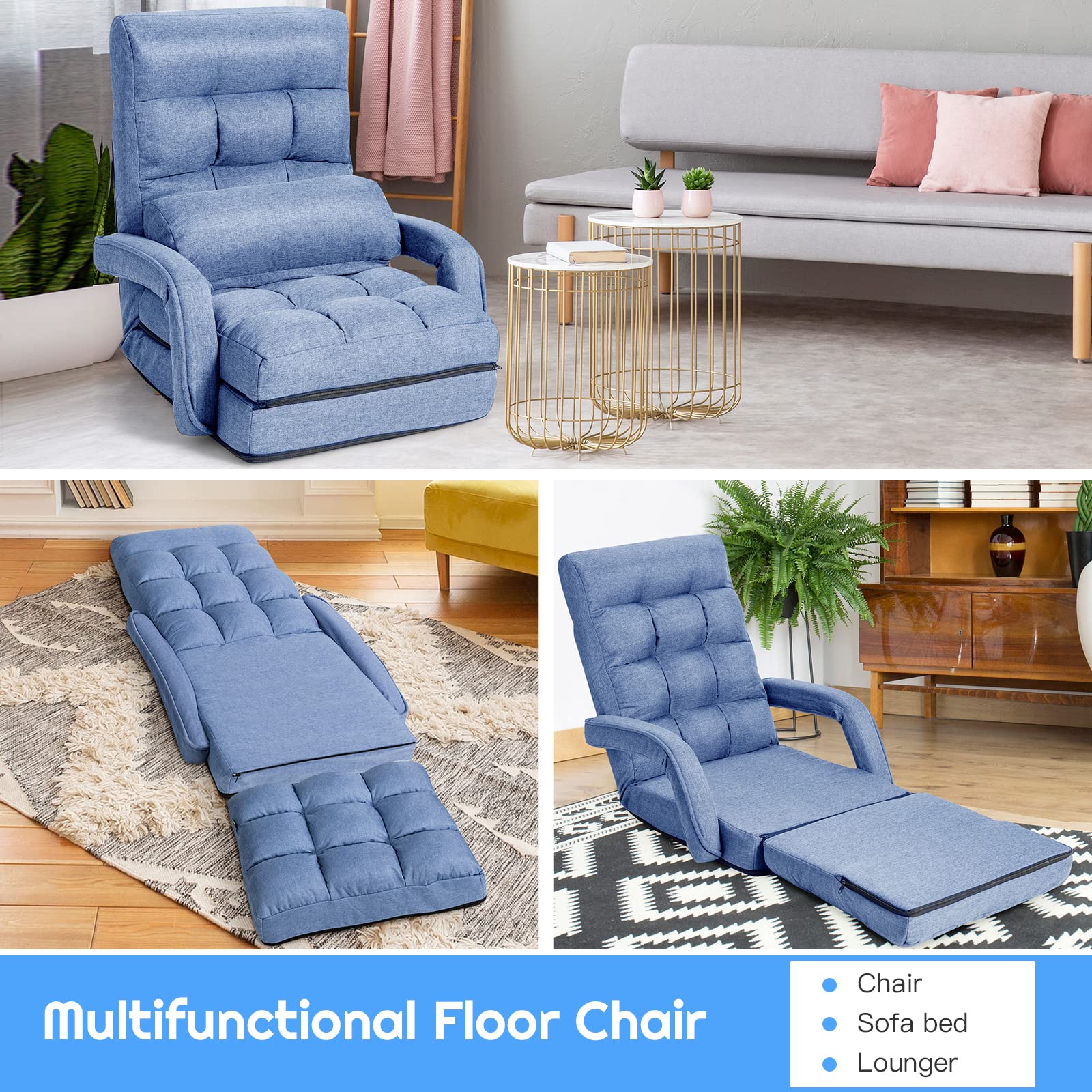 Adjustable Floor Chair, Folding Lazy Sofa Chair with 5 Positions, Detachable Seat Cushion