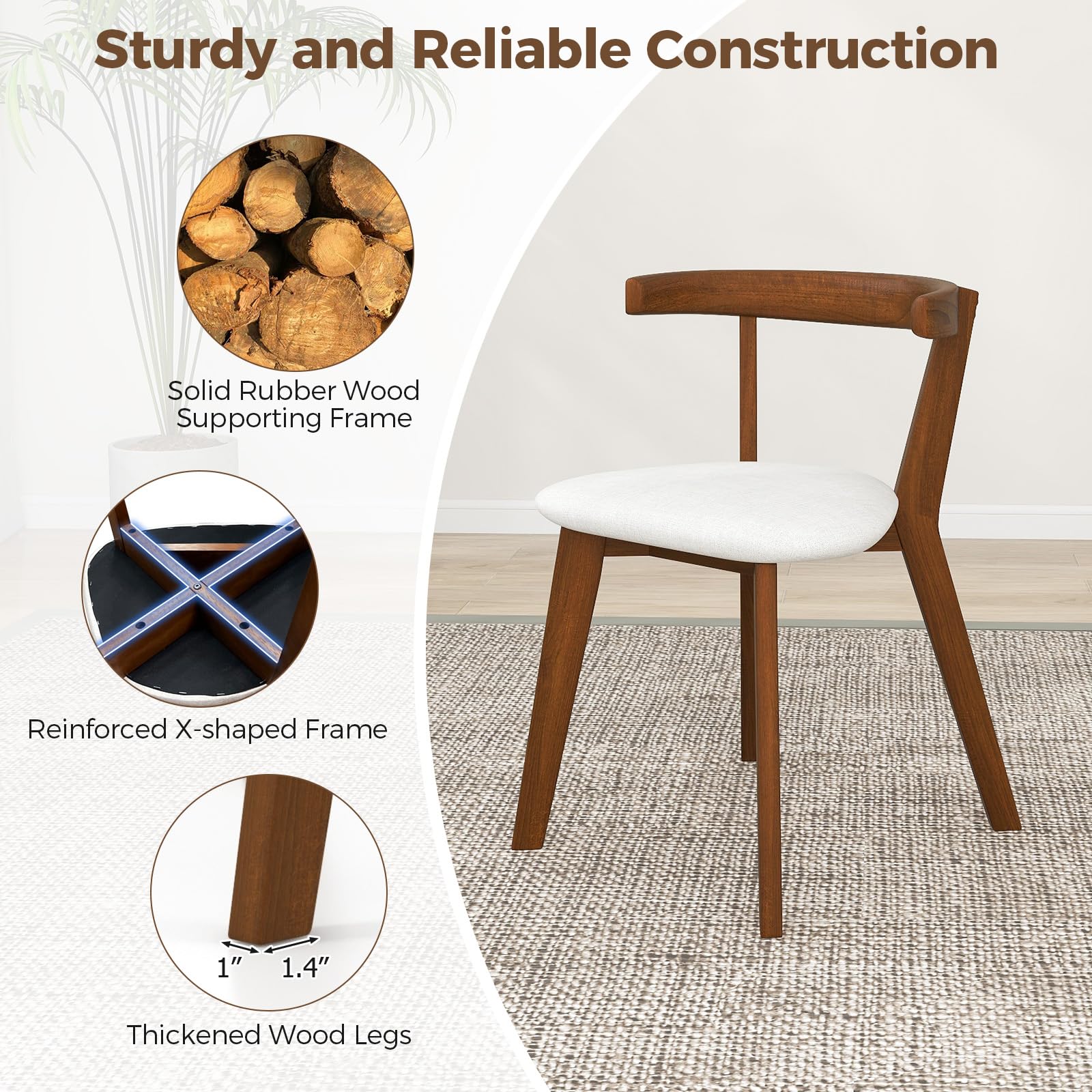 Wooden Dining Chairs Set of 2/4, Farmhouse Hanging Kitchen Chairs w/Rubber Wood Frame, Padded Seat, Curve Back