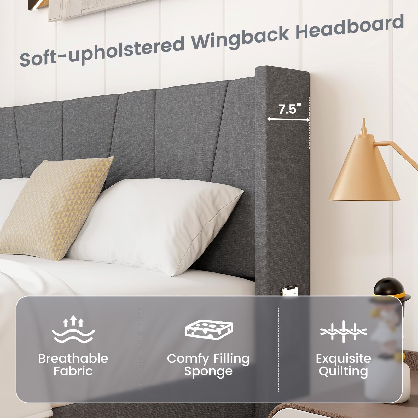 Upholstered Bed Frame with Wingback Headboard