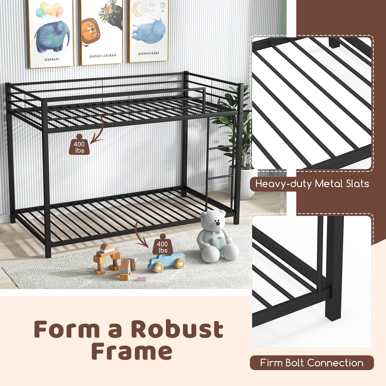 Twin Over Twin Metal Low Profile Bunk Bed with Safety Guard Rails & Side Ladder