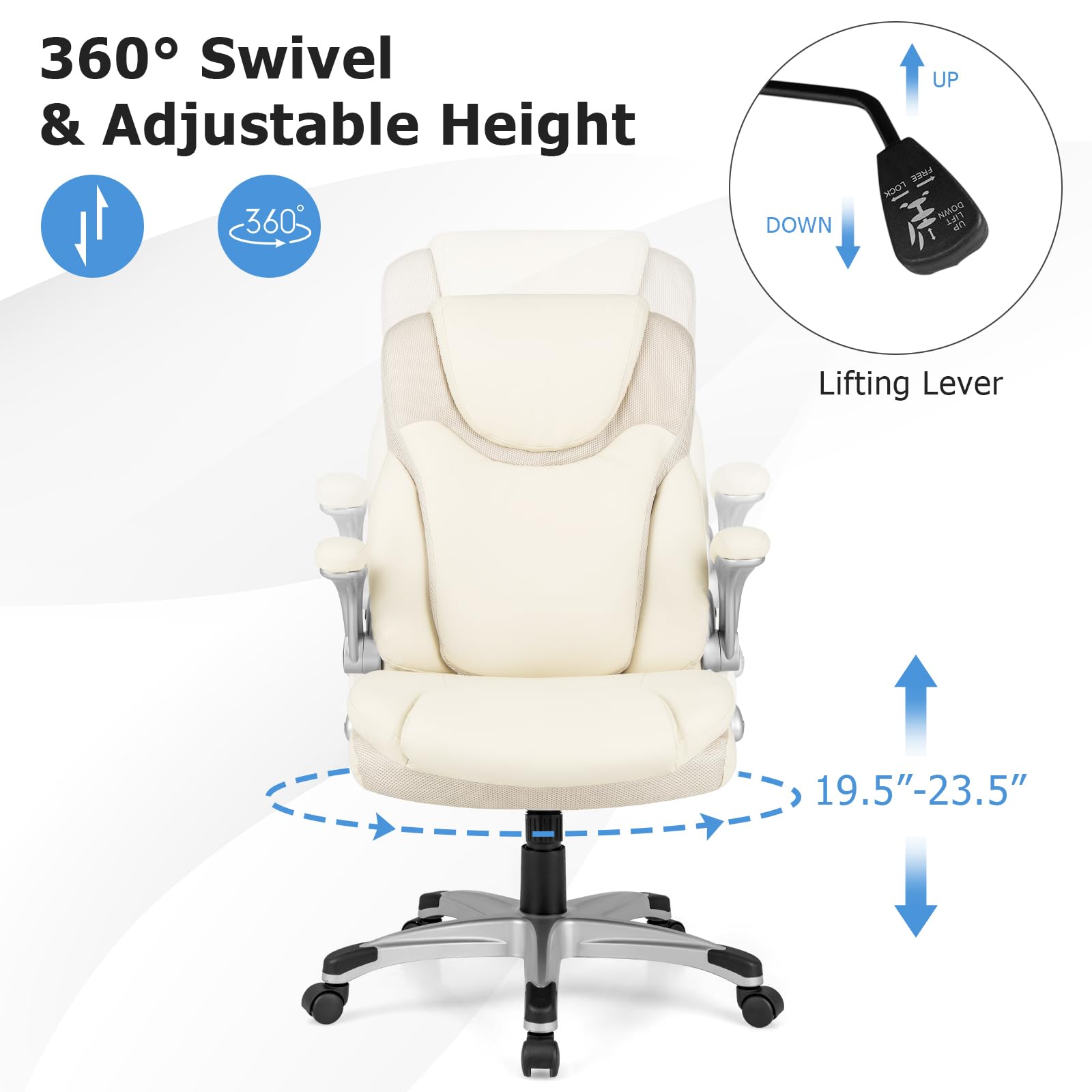 Executive Office Chair, PU Leather Ergonomic Desk Chair with Flip-up Armrests and Height Adjustable