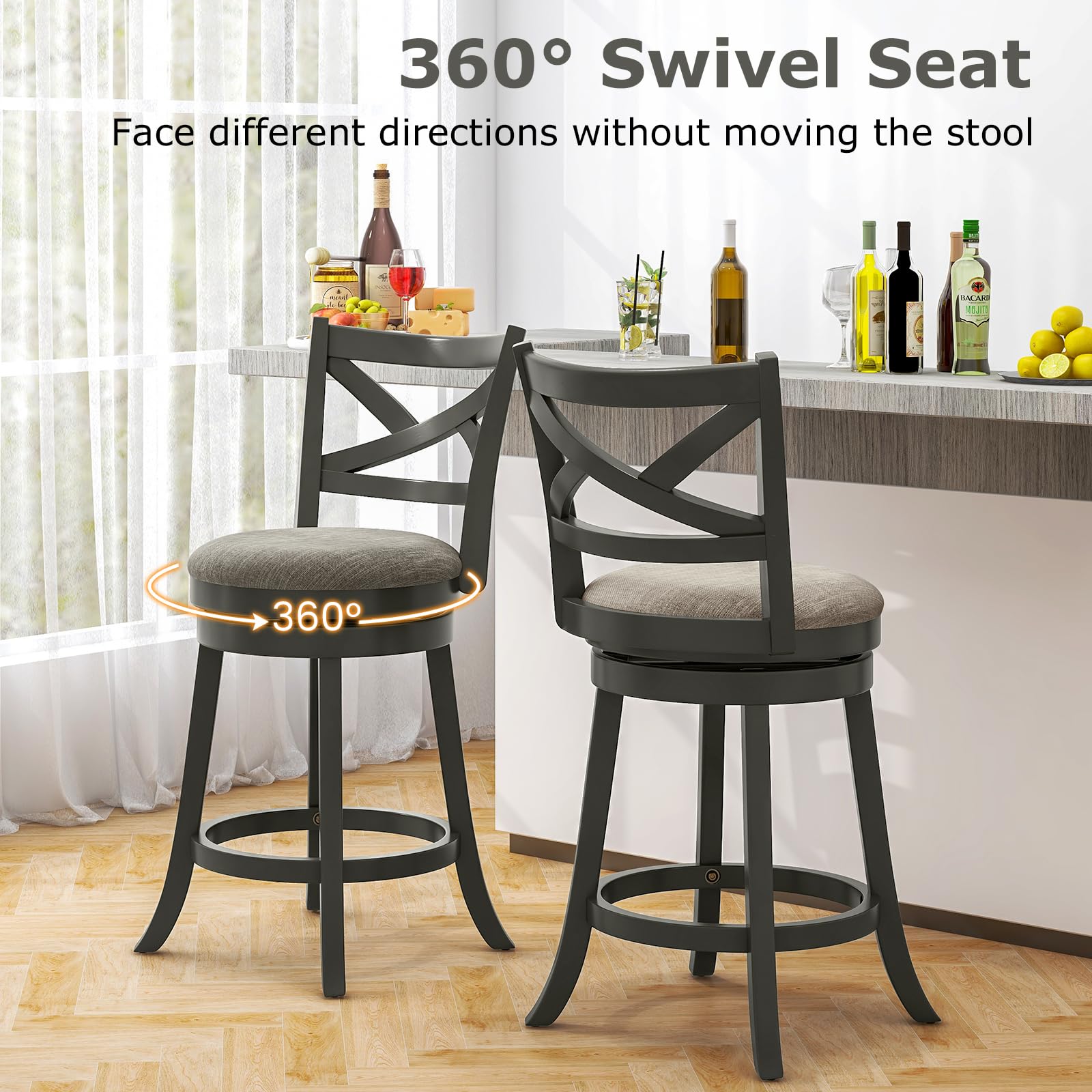 Wood Swivel Bar Stools Set of 2/4, Counter Height Swivel Chairs with Hollow Back & Soft-Padded Seat