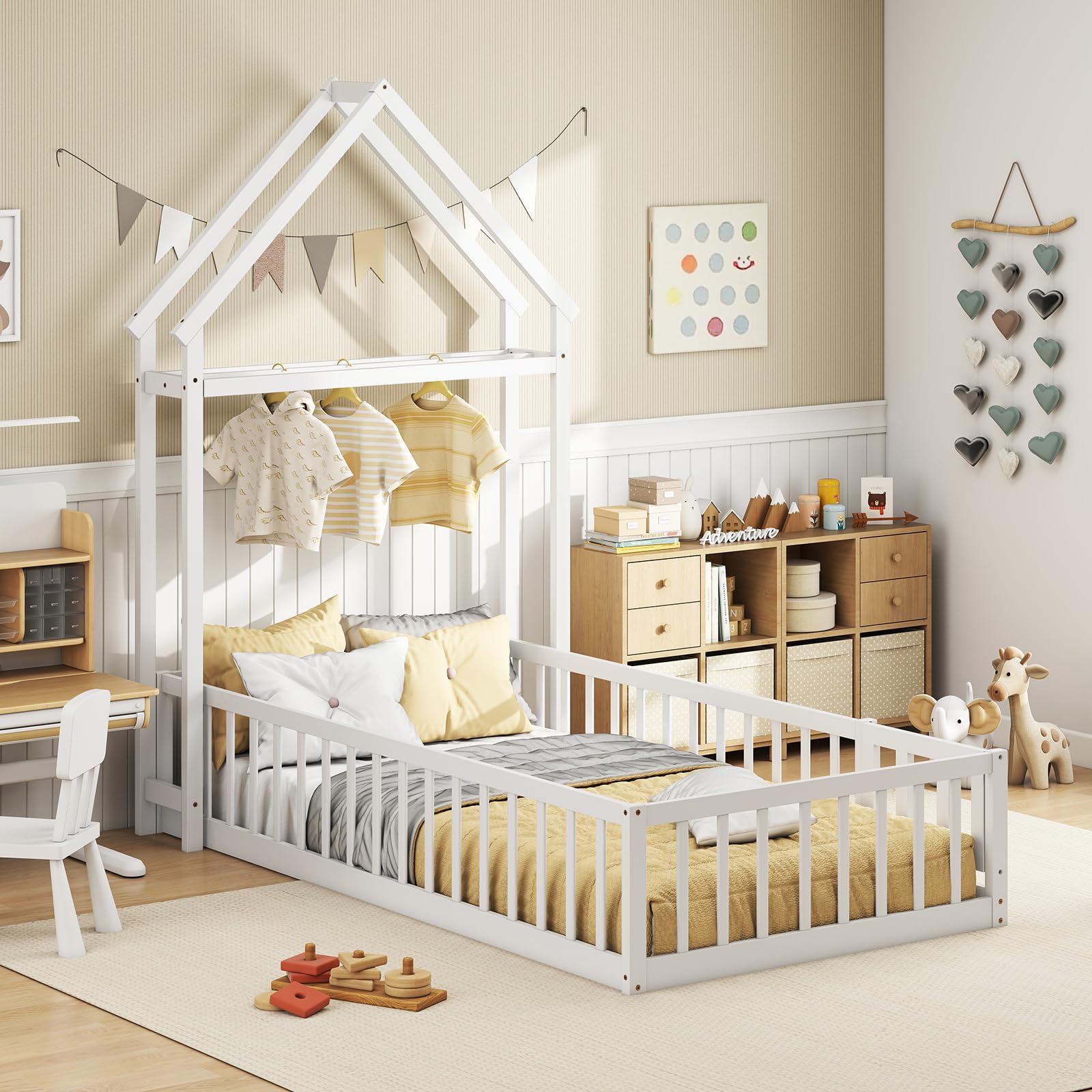 Twin Size Floor Bed with House-Shaped Headboard（Twin with Headboard）
