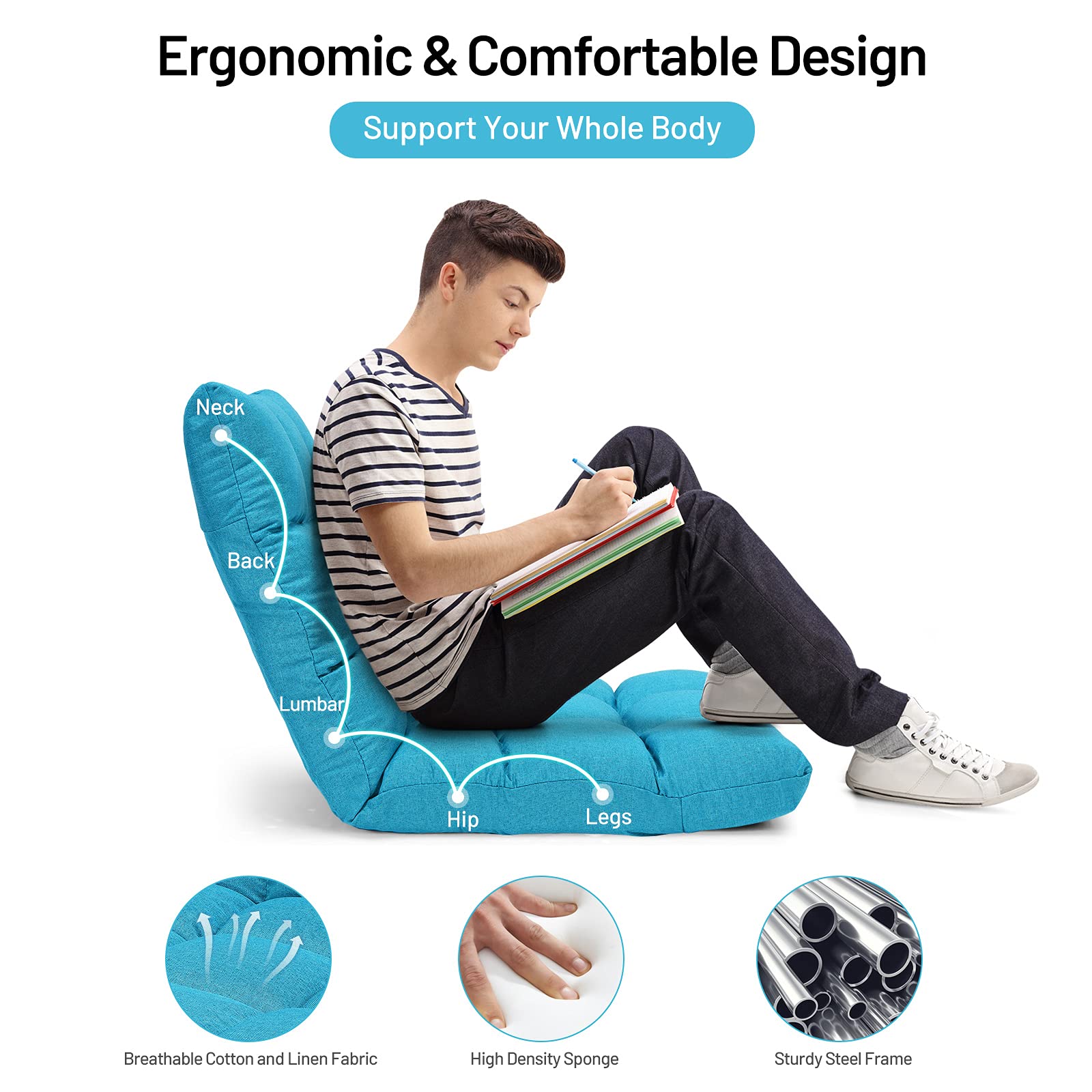 Folding Gaming Floor Chair，Adjustable 14-Position Floor Sofa with Back Support