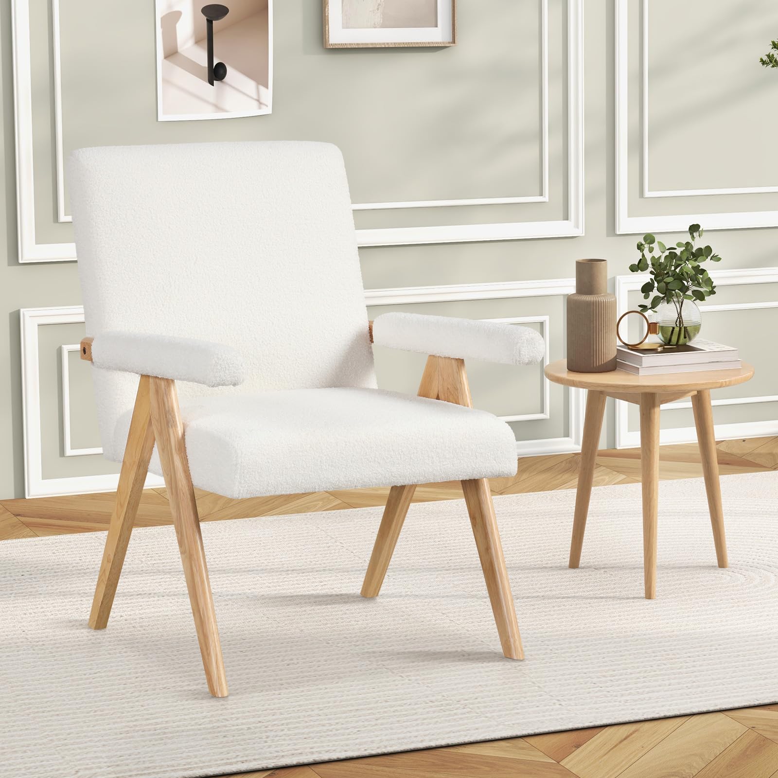 Mid-Century Modern Accent Chair, Sherpa Fabric Reading Chair with Padded Armrests, Solid Rubber Wood Frame