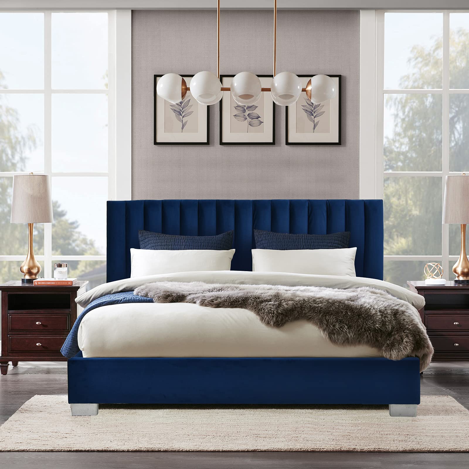 Upholstered Bed Frame with Headboard, Heavy Duty Wood Slats Support & Mattress Foundation