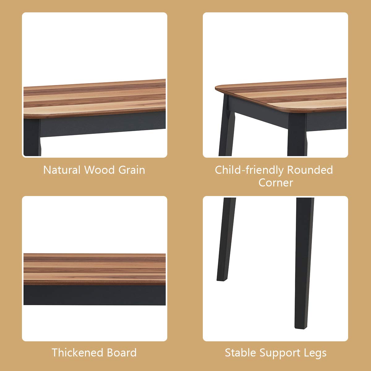43.5" L Rectangular Dining Table, Farmhouse Dinette Table w/ 4 Rubber Wood Legs