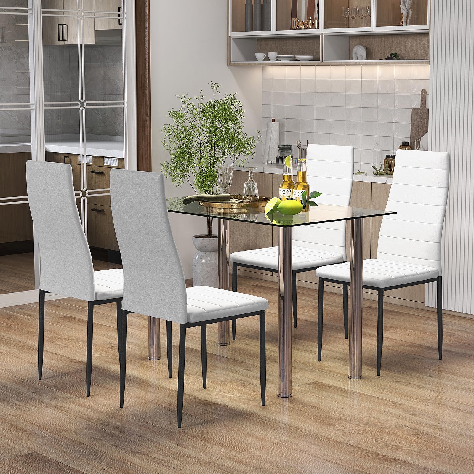 5 Piece Dining Table Sets, Modern Tempered Glass Top and PVC Leather Chair w/4 Chairs