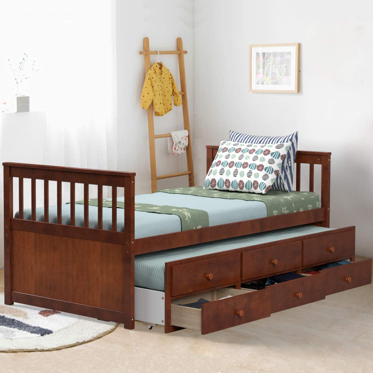 Twin Captain&rsquo;s Bed with Trundle Bed, Wood Storage Daybed with 3 Storage Drawers