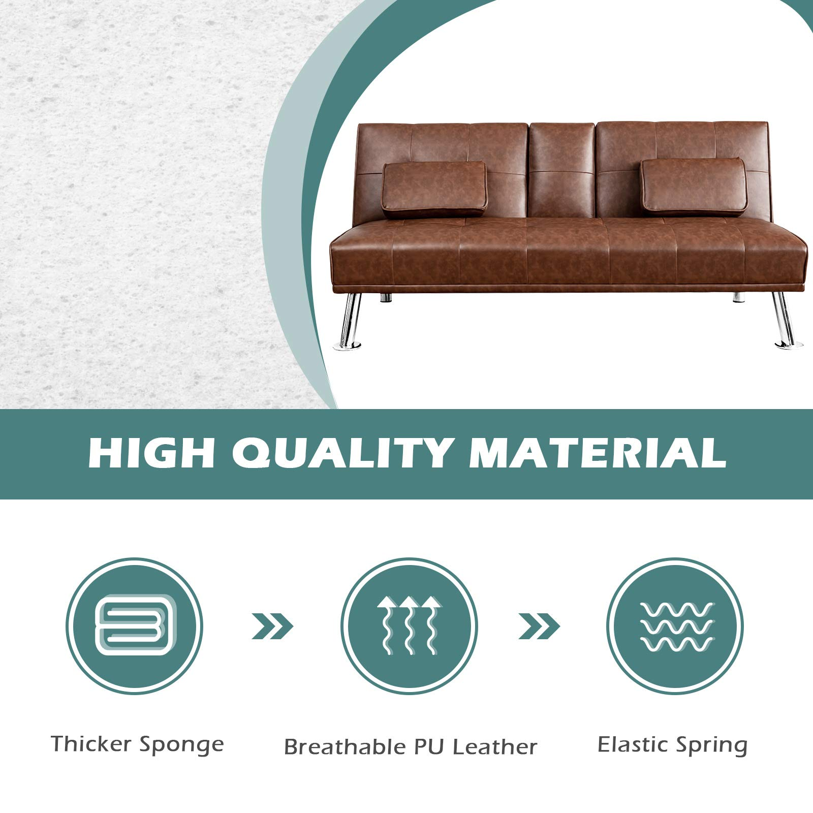 Leather Convertible Futon Sofa Bed with Removable Armrests and 2 Cup Holders