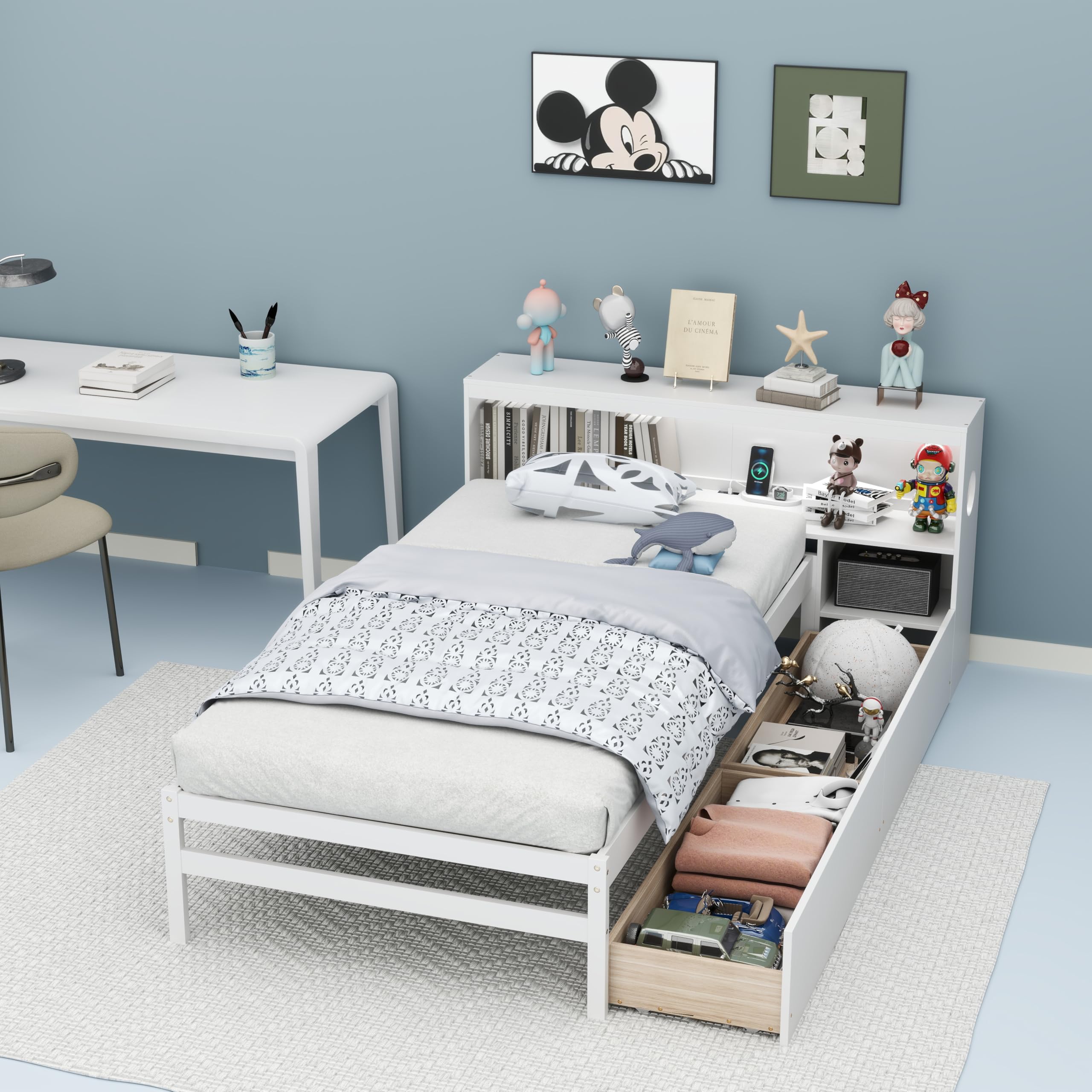 Wood Twin Bed Frame with Storage Drawer & Headboard, Modern Platform Bed with Charging Station & LED Light
