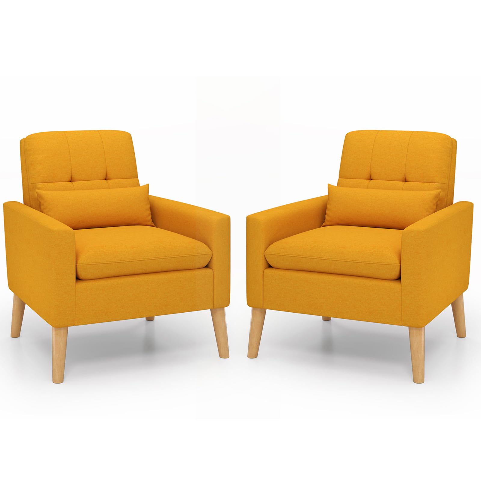 Modern Linen Accent Chair, Upholstered Tufted Armchair with Lumbar Pillow, Rubber Wood Legs, Padded Cushion