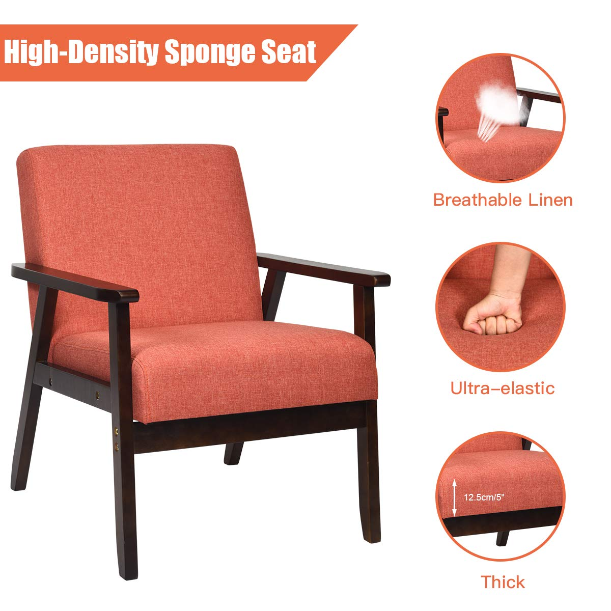 Solid Hardwood Made Mid-Century Modern Accent Chair | Retro Fabric Armchair