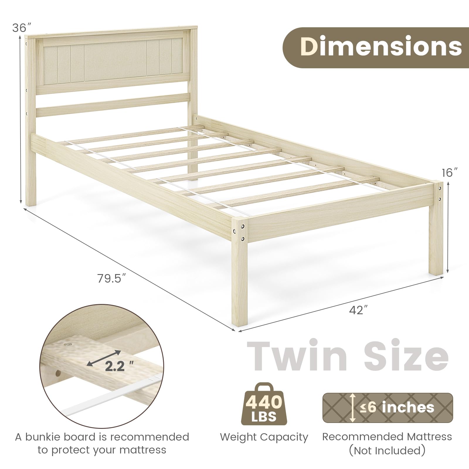Wooden Platform Bed Frame with Headboard & Wood Slat Support