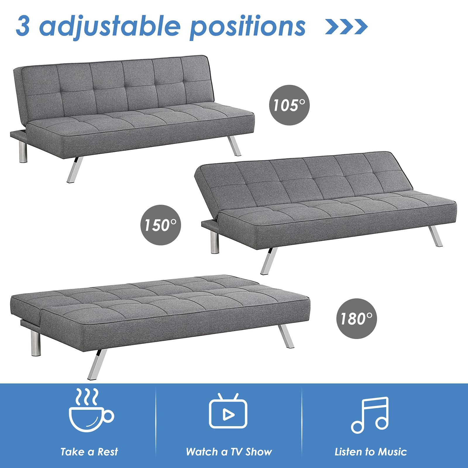 3 Seater Convertible Sofa Bed with 3 Adjustable Angles