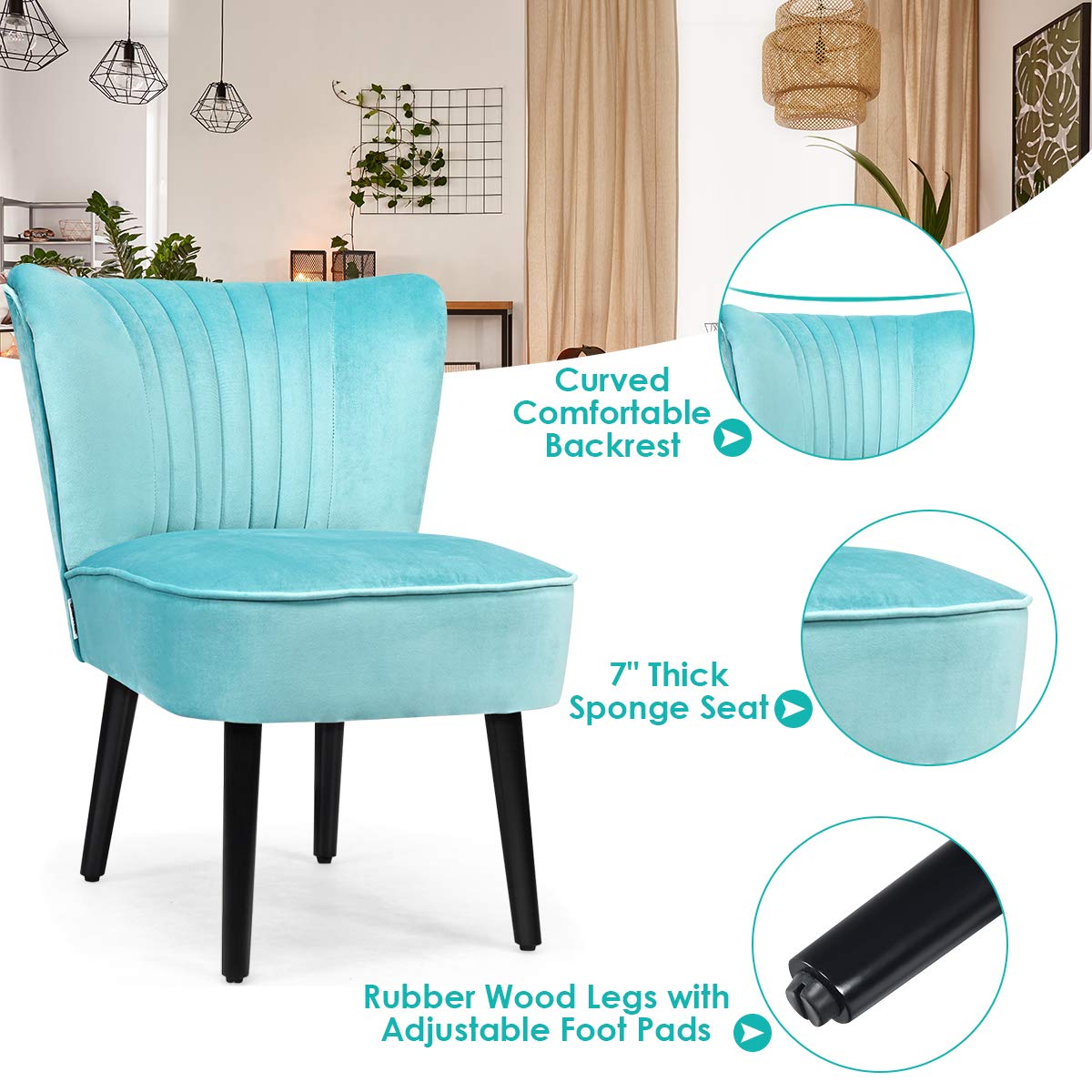 Set of 2 Upholstered Modern Leisure Velvet Accent Chair w/ Adjustable Foot Pads