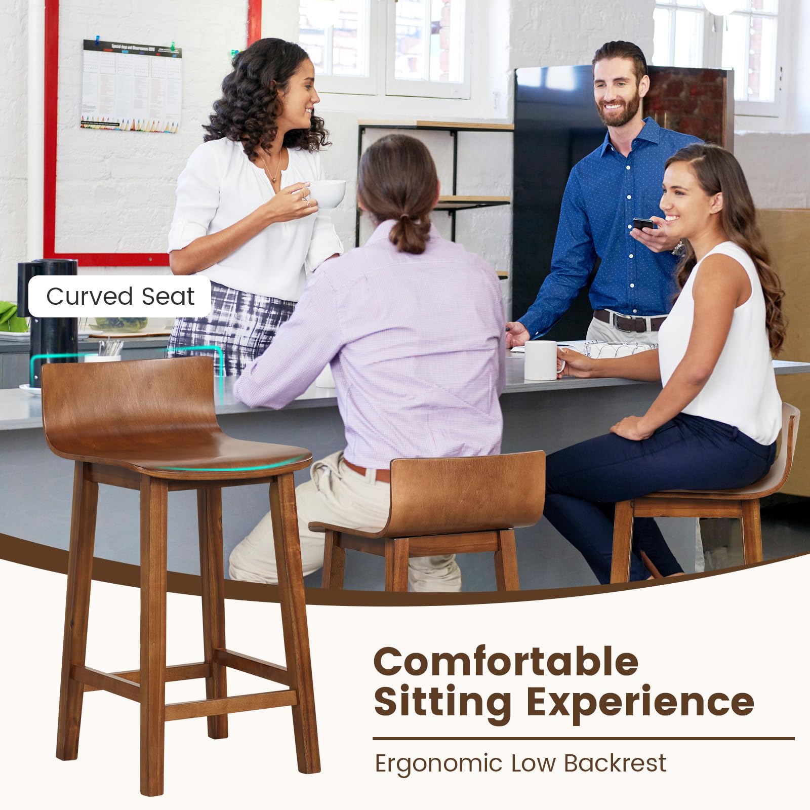 Solid Wood Bar Stools Set of 2/4, Counter Height Chairs with Low Back and Footrest