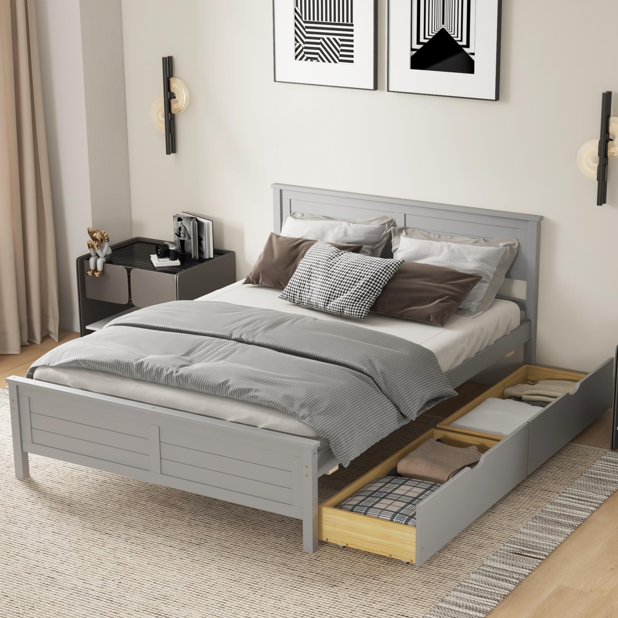 Wood Bed Frame with 2 Storage Drawers