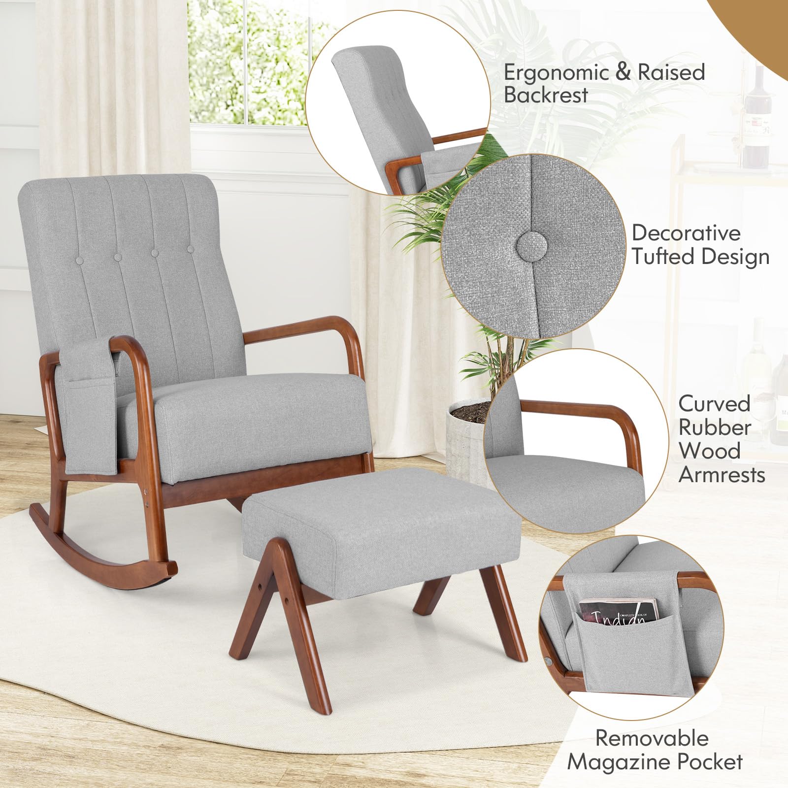 Nursery Rocking Chair with Ottoman, Upholstered Rocker Chair with Side Pocket