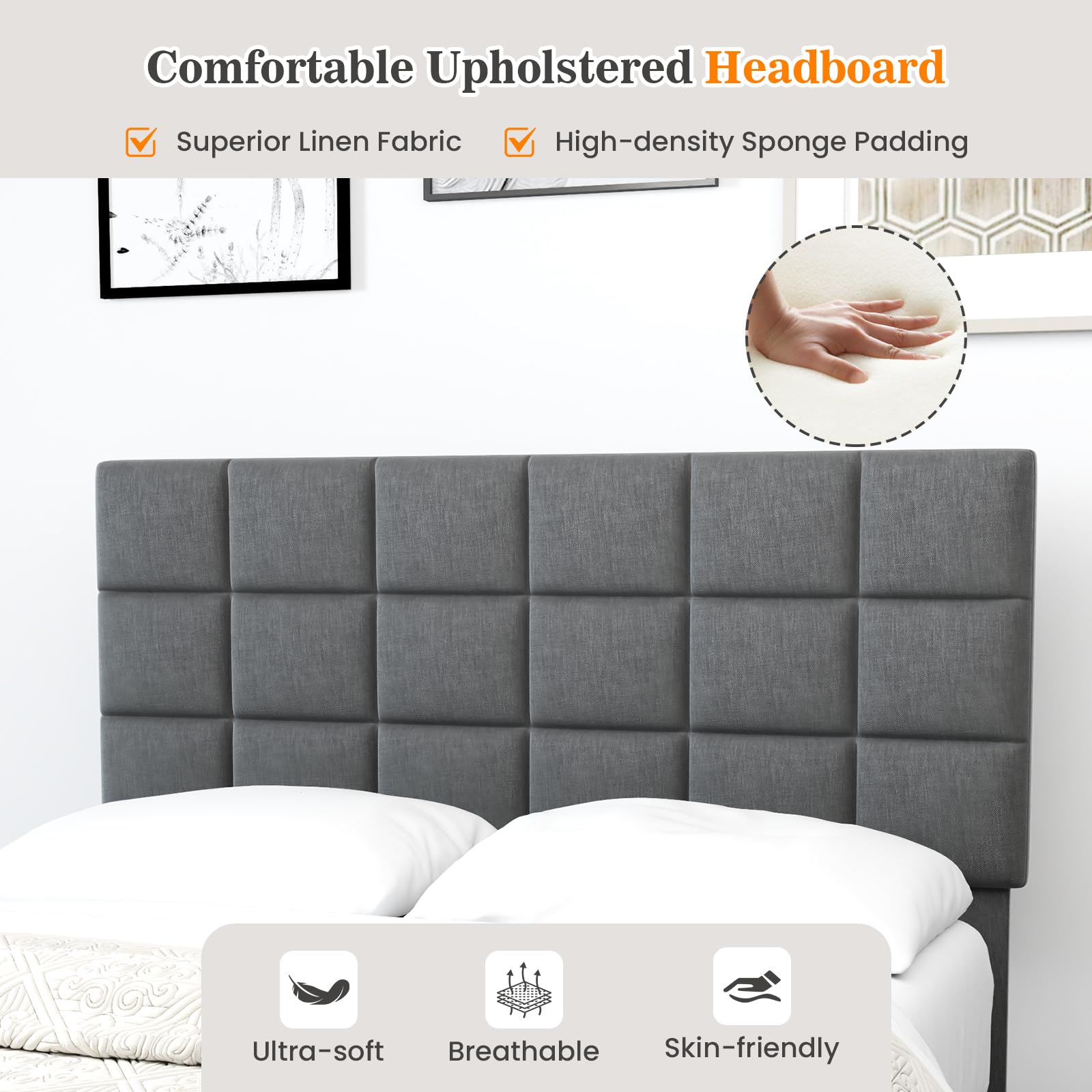 Linen Fabric Upholstered Bed Frame with Adjustable Headboard & Wooden Slat Support