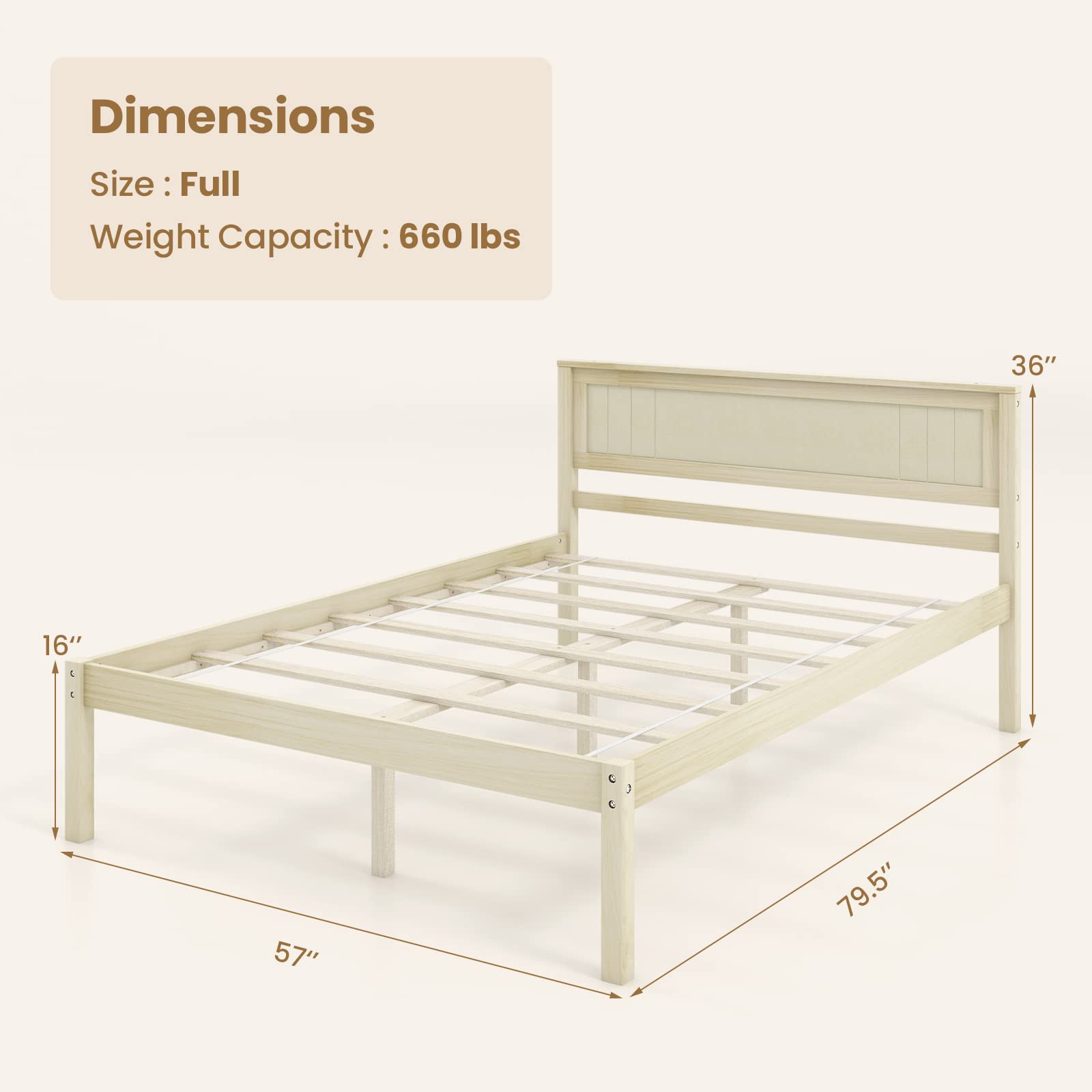 Wooden Platform Bed Frame with Headboard & Wood Slat Support