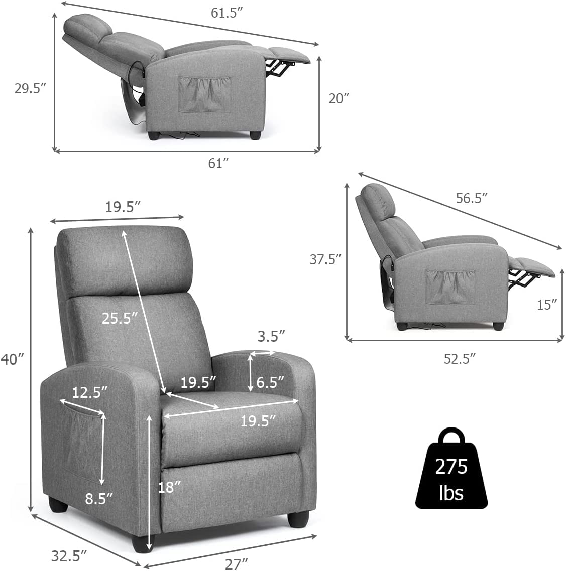 Recliner Chair with Adjustable Backrest & Footrest, Living Room Ergonomic Single Sofa with Remote and Side Pocket