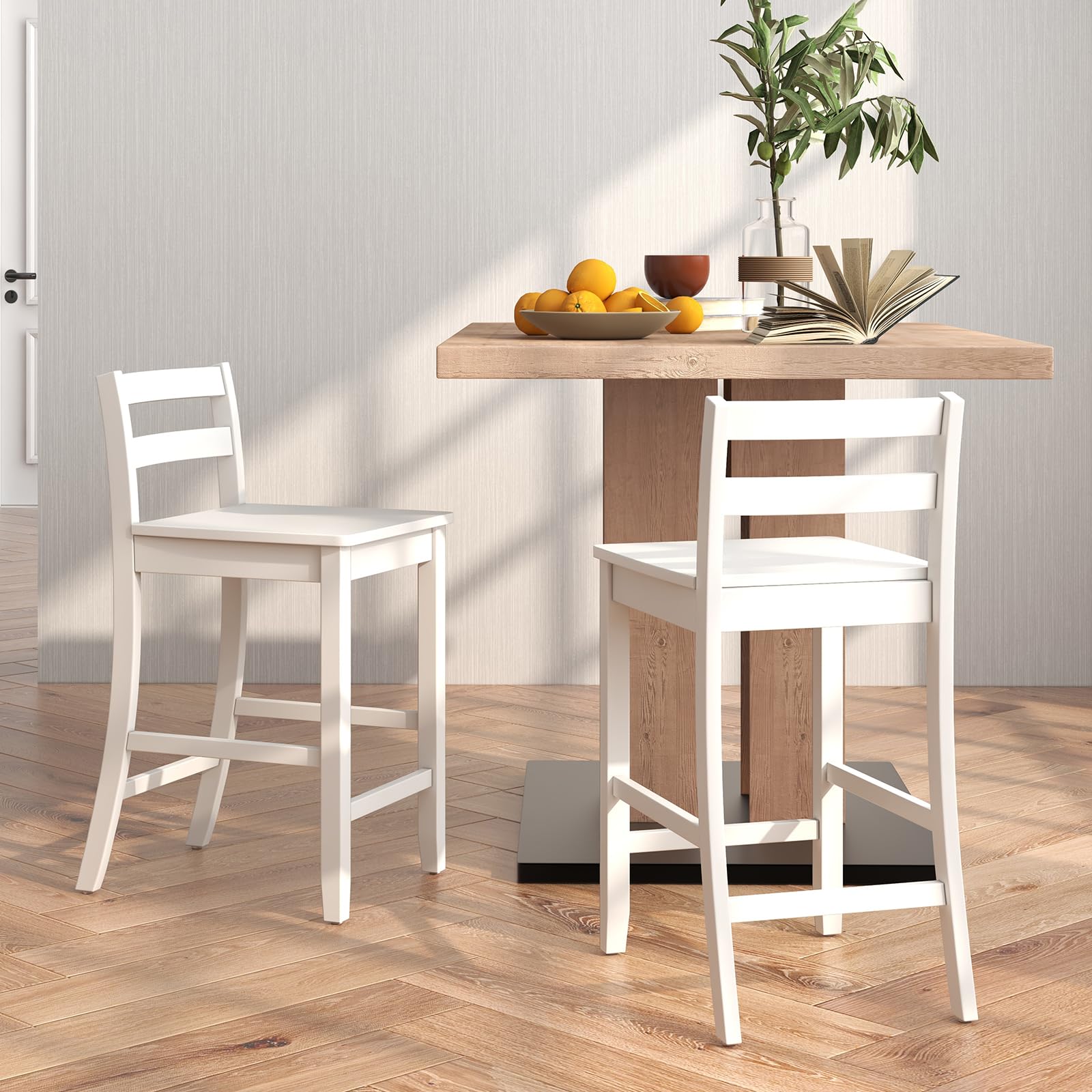Wooden Bar Stools Set of 2/4, 24-Inch Counter Height Stools with Ergonomic Backrest & Footrest