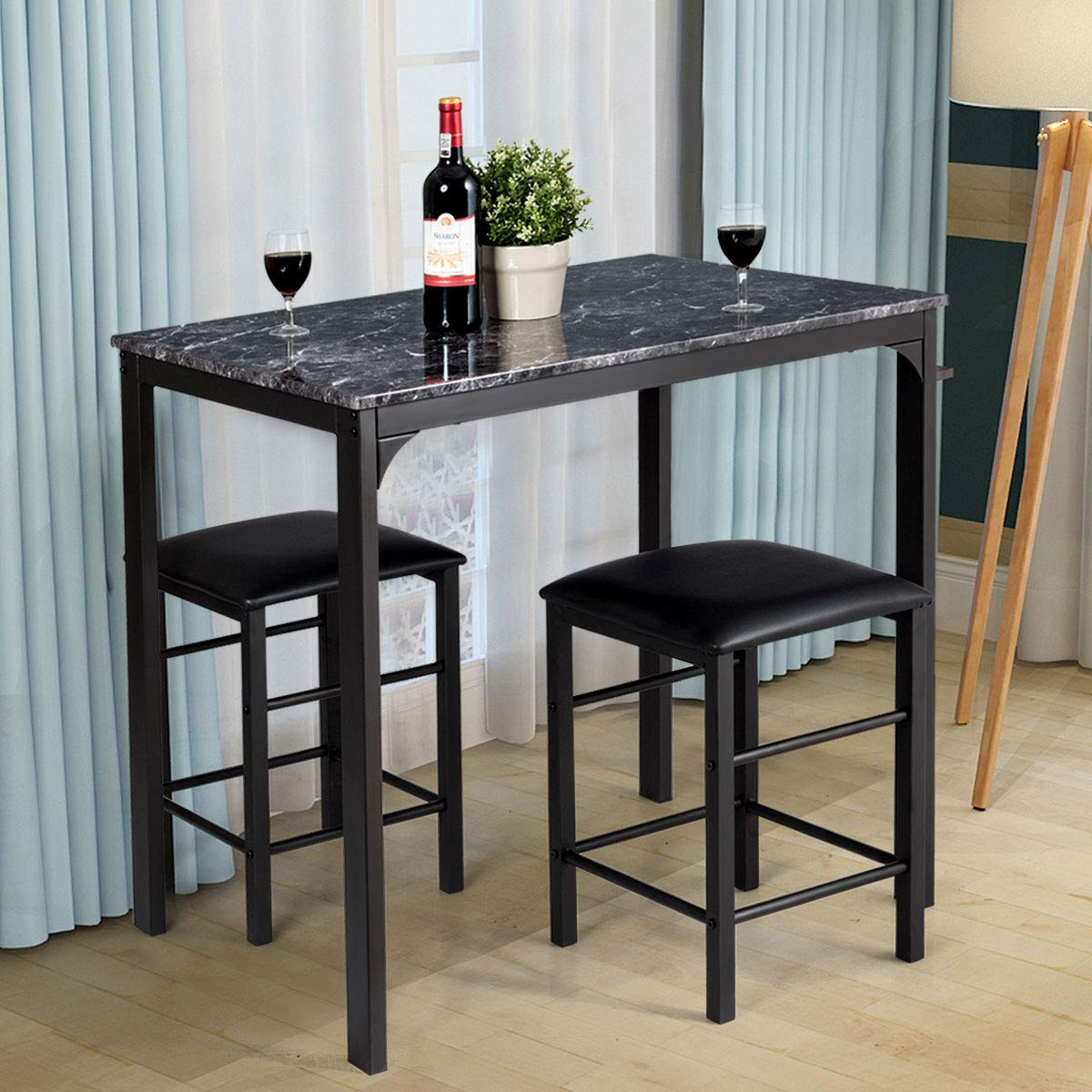 3 Piece Dining Table and Chairs Set with Faux Marble Tabletop 2 Chairs