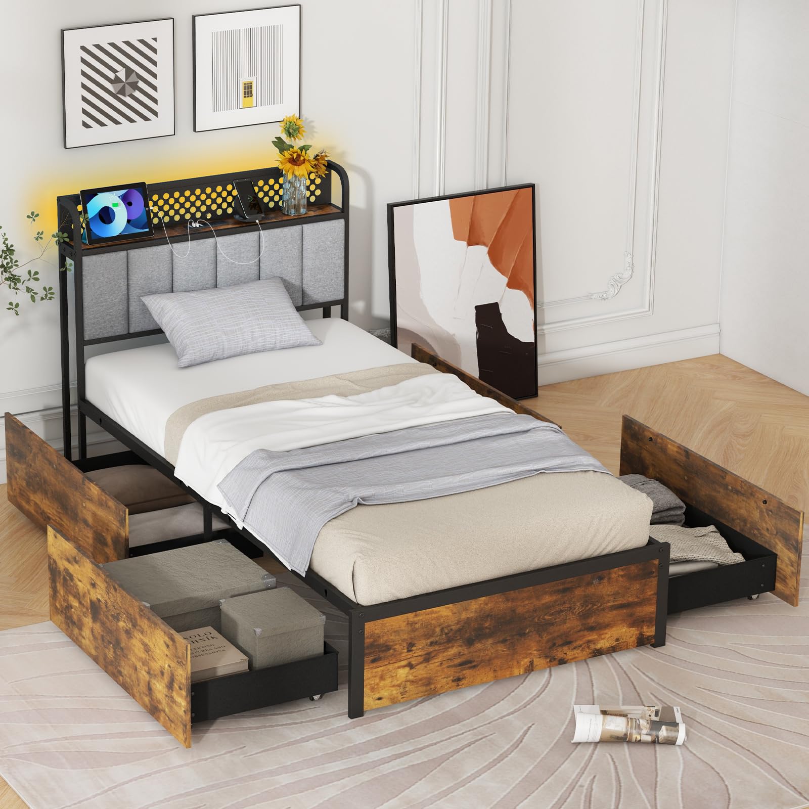 Industrial LED Bed Frame with 4 Storage Drawers & Charging Station