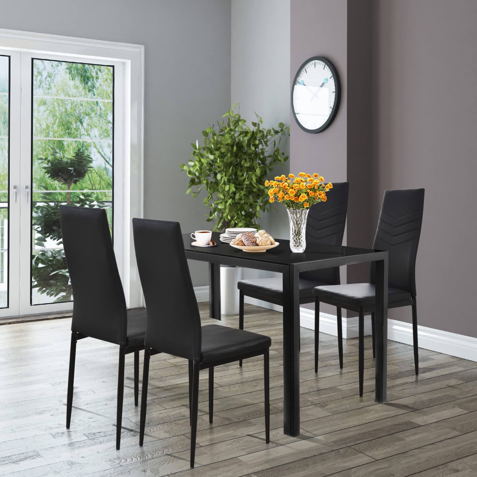 Set of 4 Dining Chairs, High Back Dining Side Chairs w/PVC Leather & Non-Slip Feet Pads