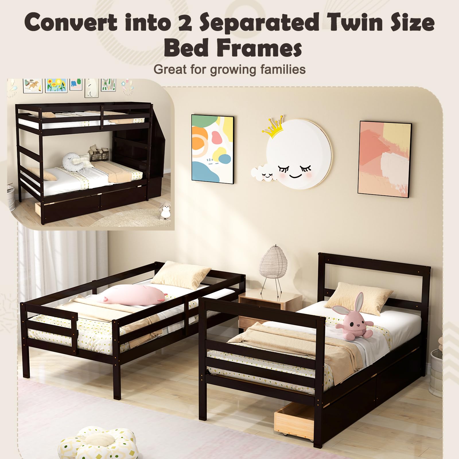 Wood Twin Over Twin Bunk Bed with 2 Storage Drawers & Stairs