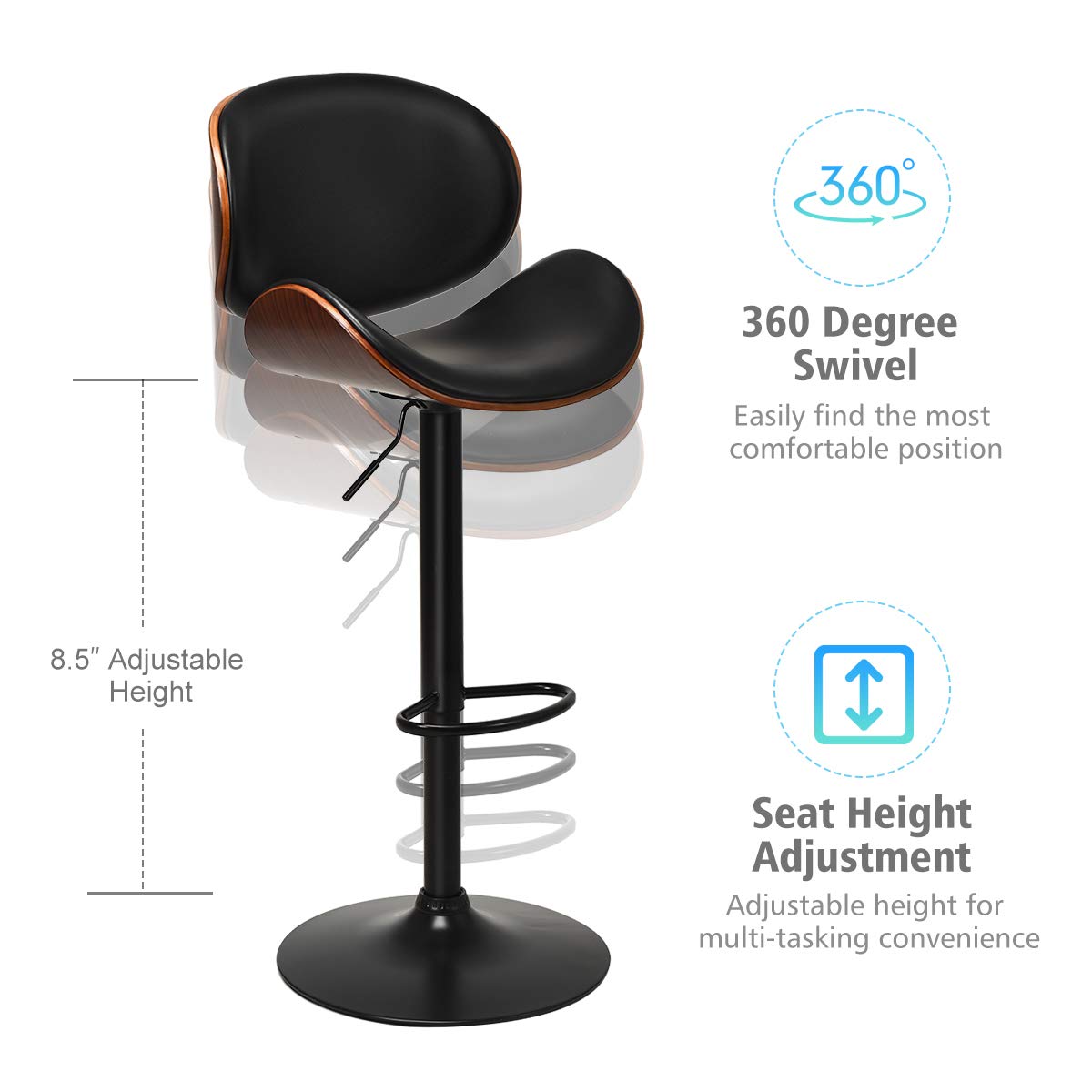 Bar Stools Set of 2/4, Adjustable Swivel Bentwood Barstools with Back, Large Iron Base, 360 Degree PU Leather Seat and Curved Footrest