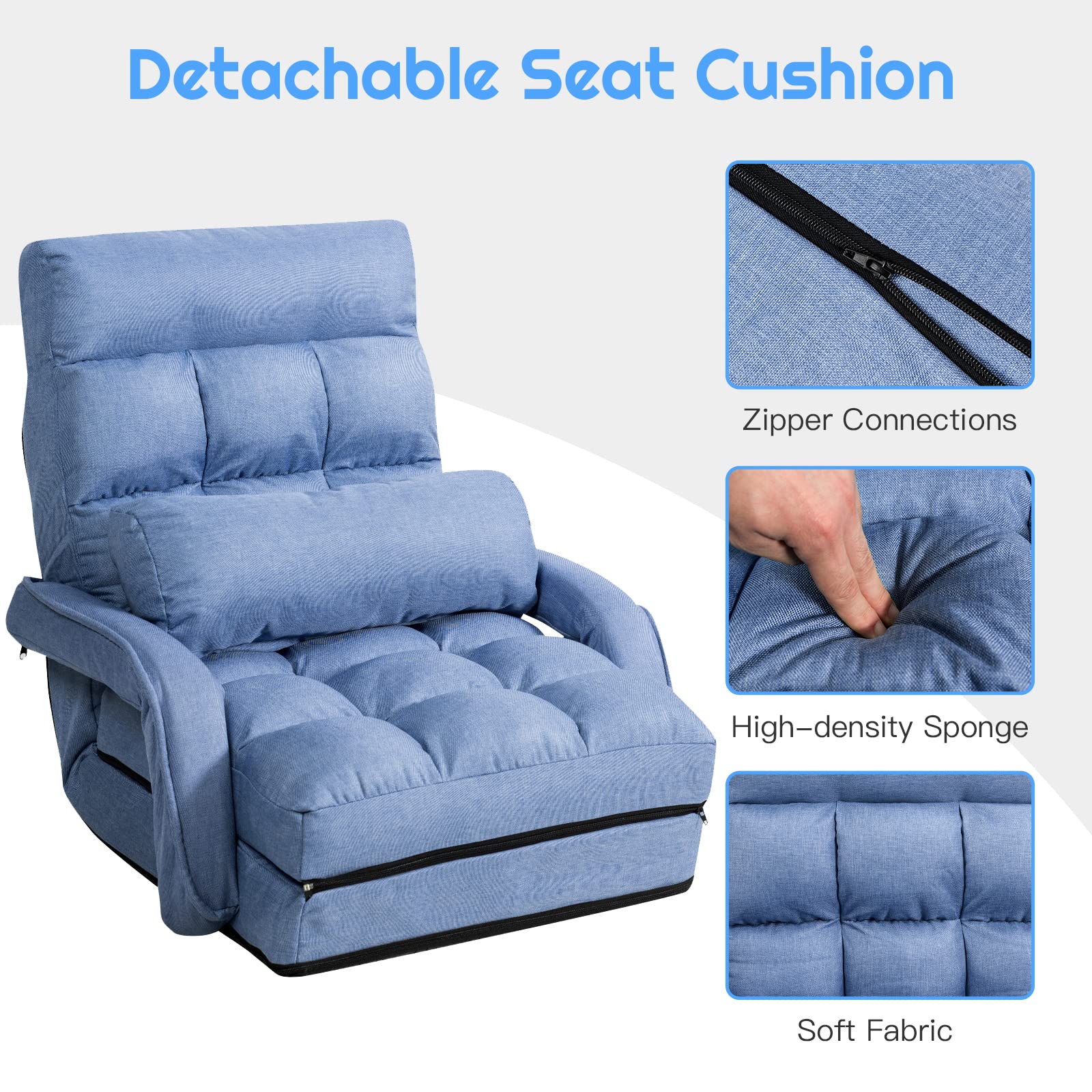 Adjustable Floor Chair, Folding Lazy Sofa Chair with 5 Positions, Detachable Seat Cushion