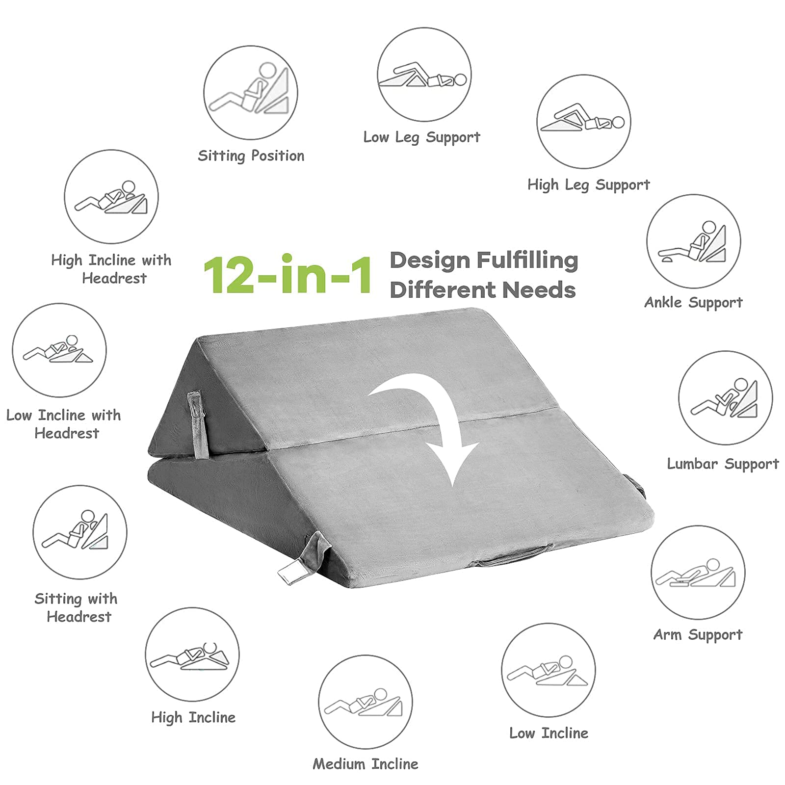 Bed Wedge Pillow with Adjustable Back Support Detachable Headrest, Memory Foam Fill, Soft Washable Cover