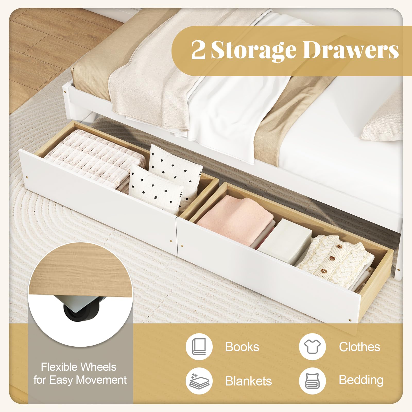 Bed Frame with 2 Storage Drawers, Solid Wood Platform Bed with Slats Support