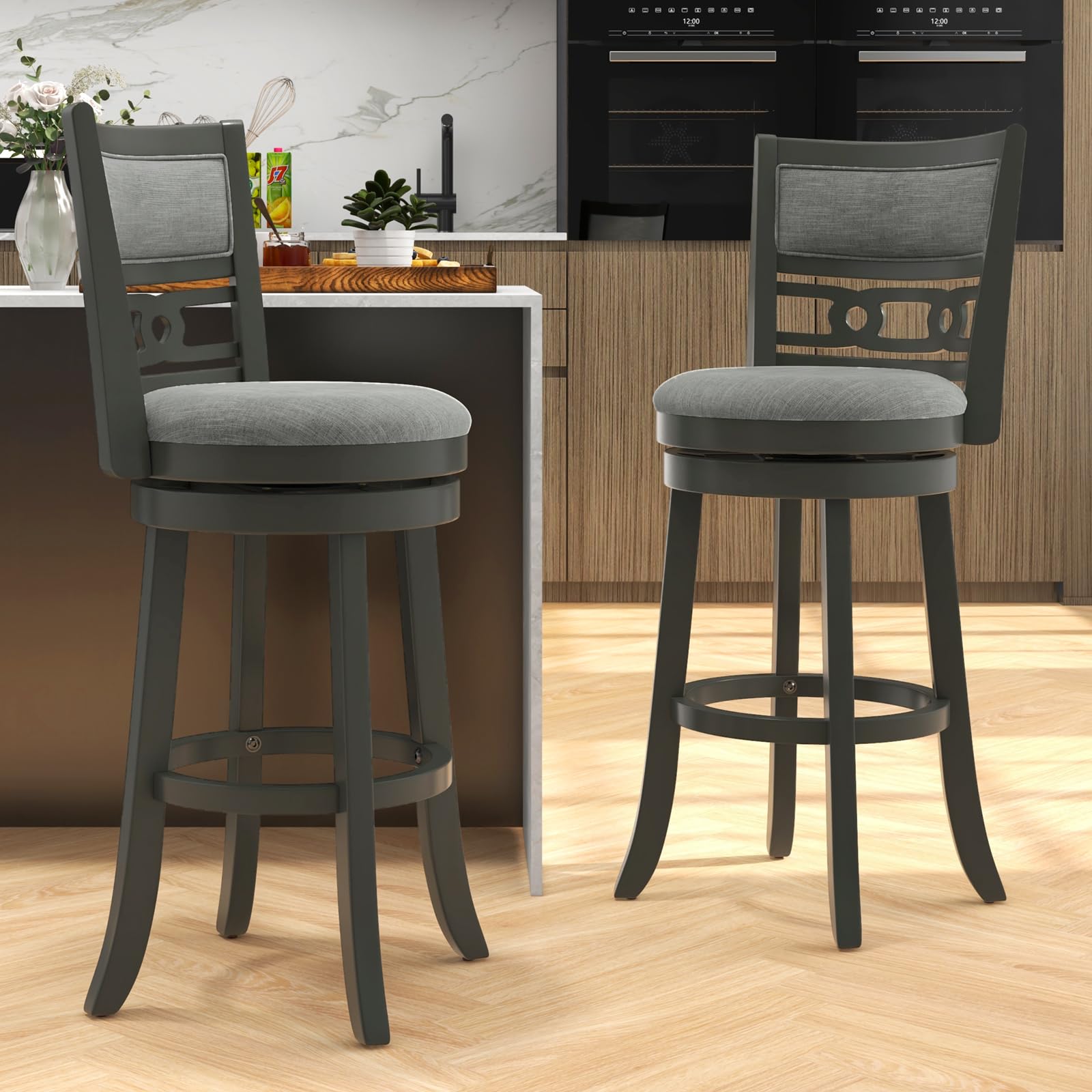 Upholstered Bar Height Bar Chair with Wooden Frame, Swivel Seat & Footrest