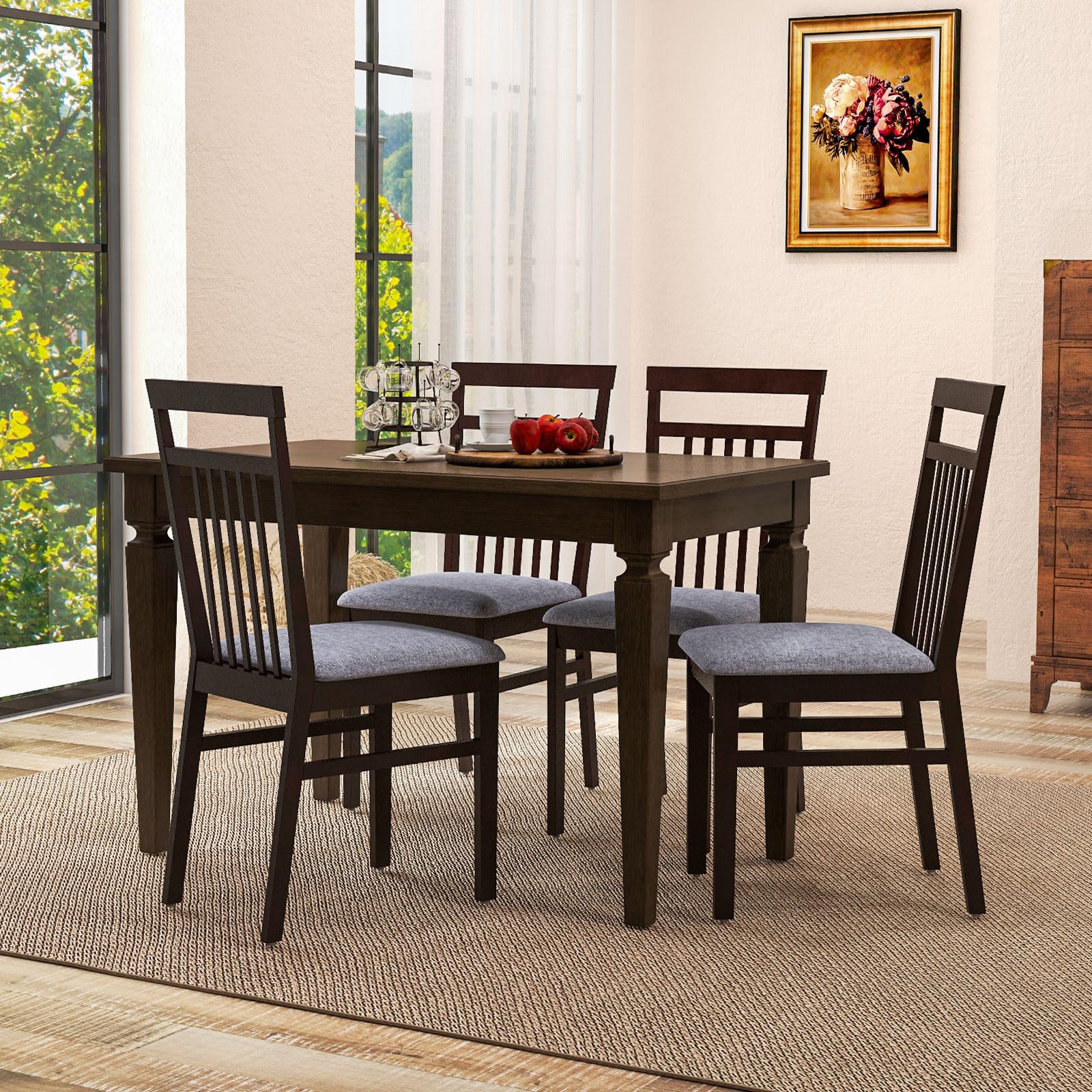 Armless Wood Dining Chairs Set of 2/4 with Cushion Seat,  Solid Rubber Wood Frame