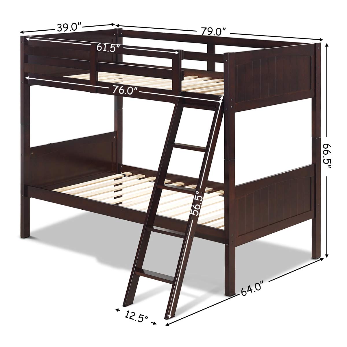 Wood Twin Over Twin Bunk Beds, Convertible 2 Individual Twin Beds for Kids Children
