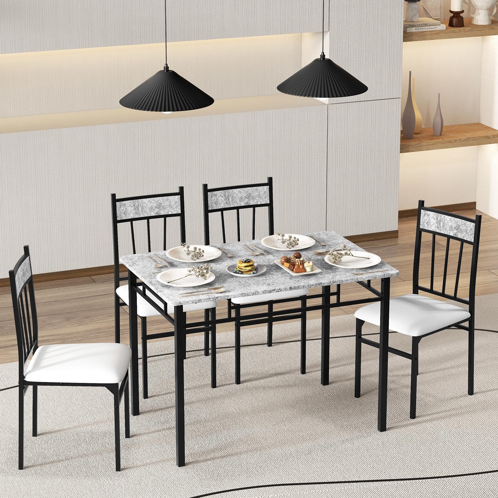 5 Piece Dining Table Set, Modern Rectangular Dining Table & Upholstered Chair Set w/Marble Tabletop