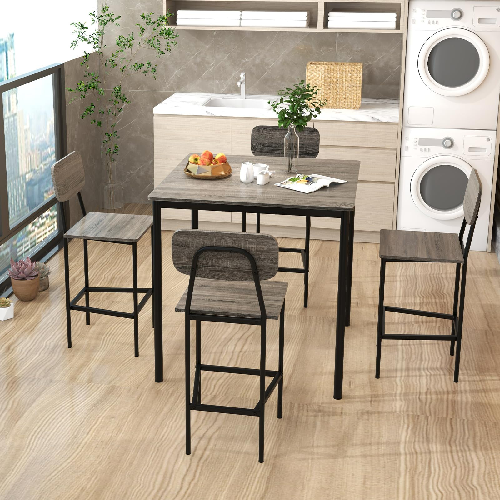 5 Piece Dining Table Set with Counter Height Table & 4 Bar Stools, Industrial Kitchen Dining Table Set  with Footrest & Backrest