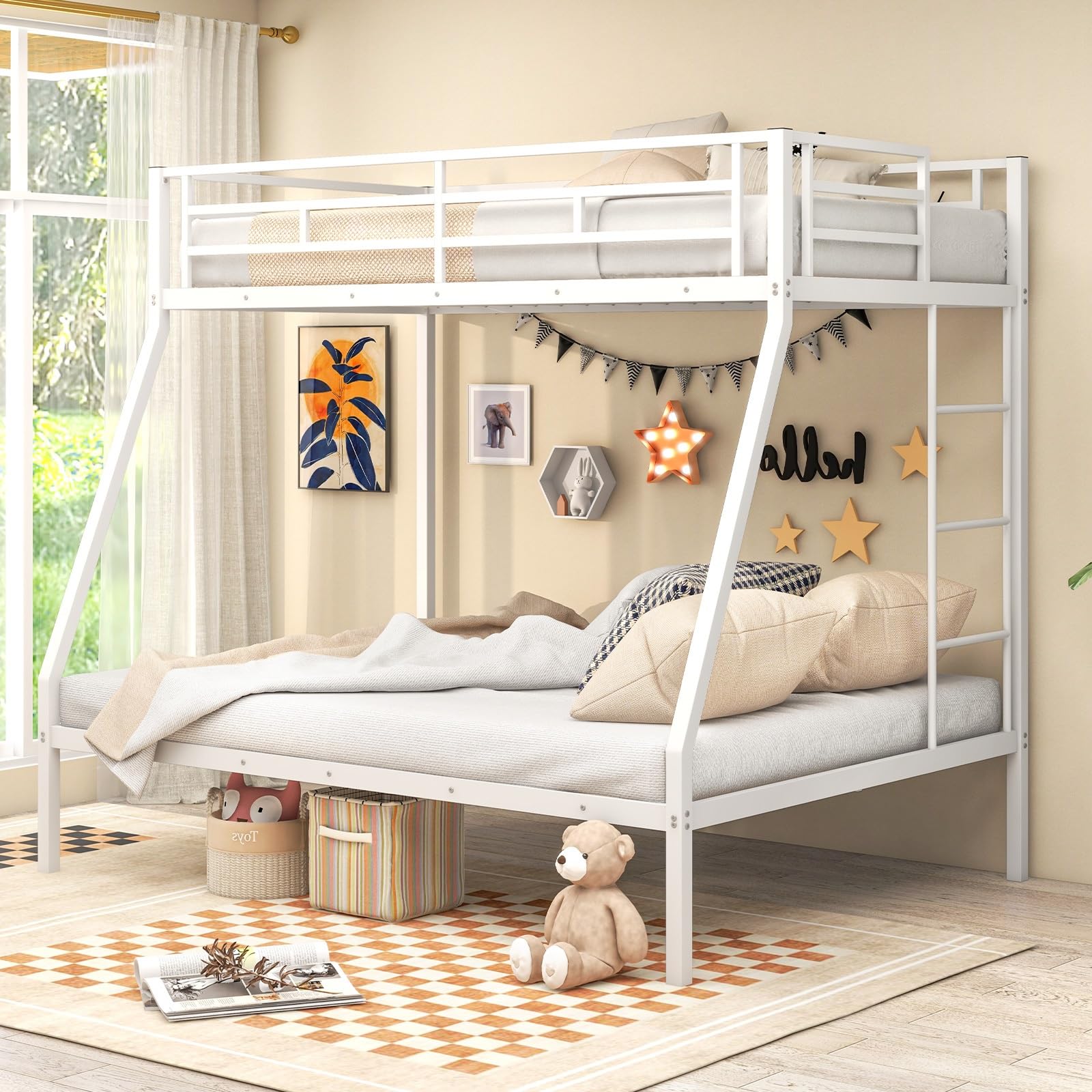 Metal Twin Over Full Bunk Bed, Heavy Duty Bed Frame with Integrated Ladder, Full-Length Guardrails for Teens & Adults