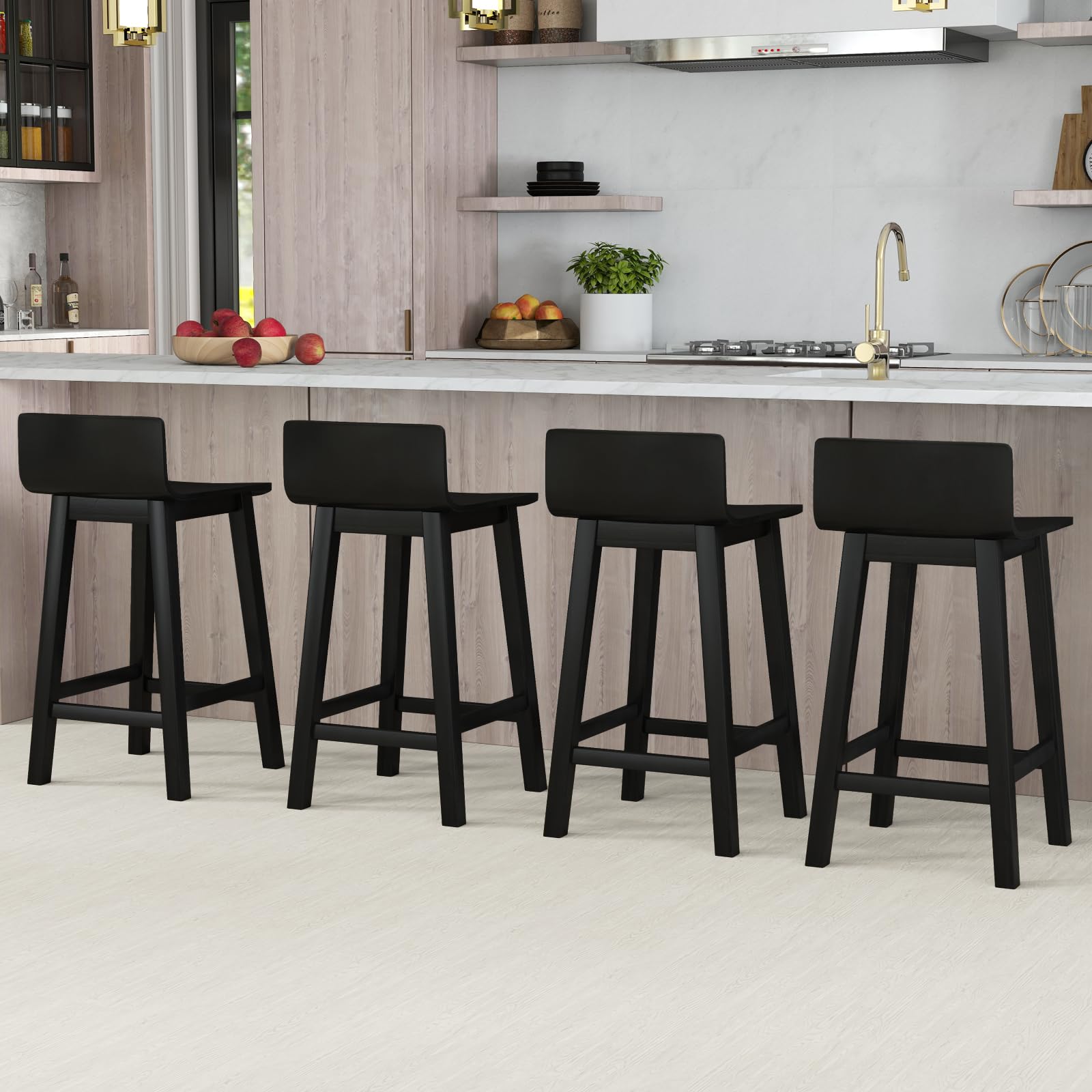 Solid Wood Bar Stools Set of 2/4, Counter Height Chairs with Low Back and Footrest
