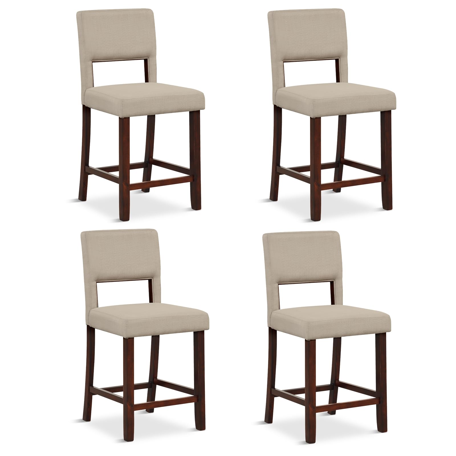 24.5" Counter Height Bar Stools Set of 2, Linen Barstools with Back, Rubber Wood Legs