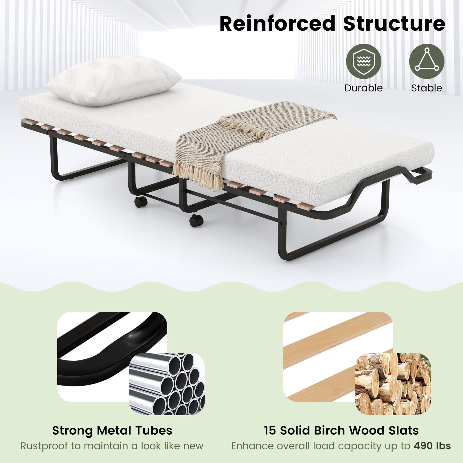 Folding Bed with 4 Inch Mattress for Adults, Cot Size Rollaway Guest Bed w/Memory Foam Mattress & Solid Wood Slats