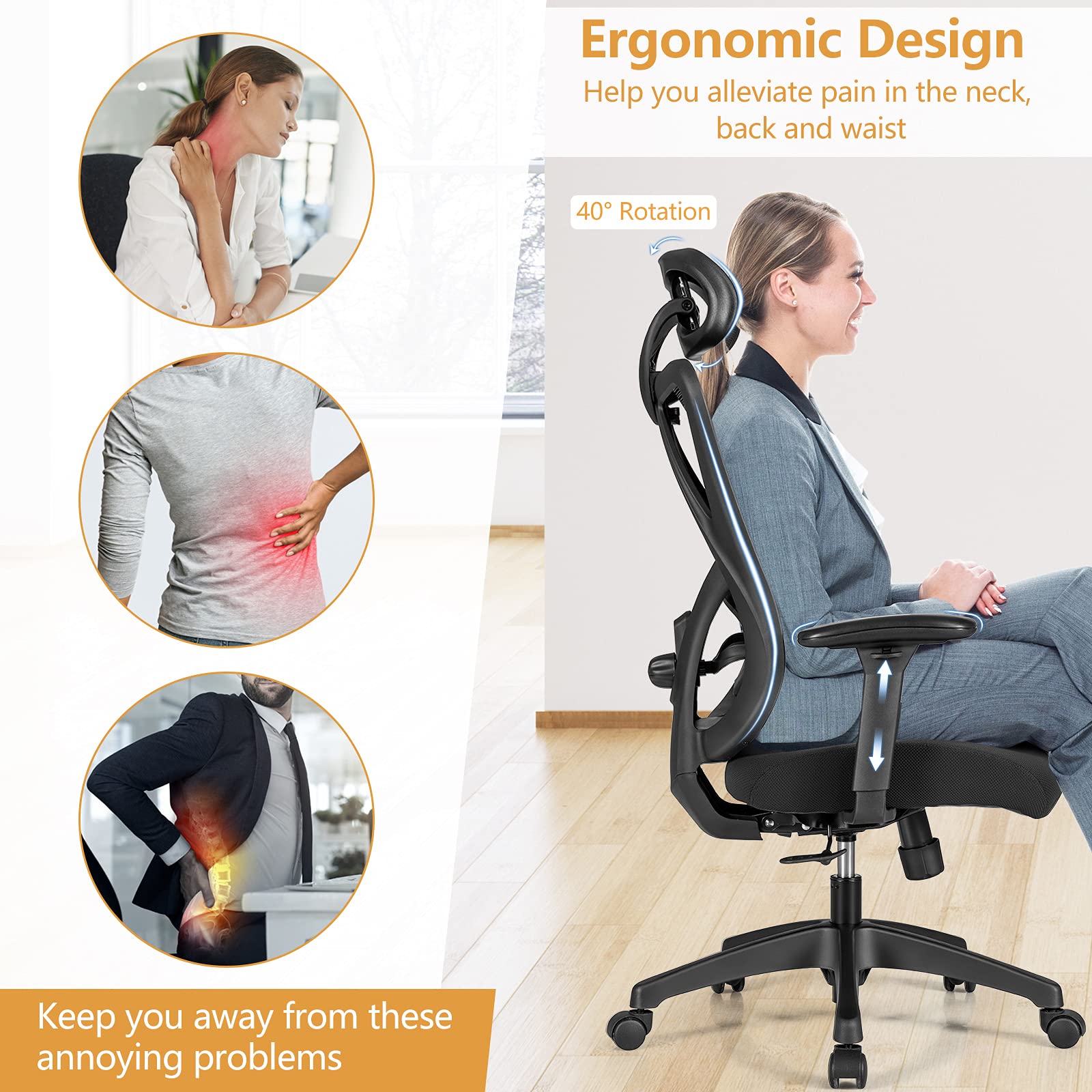 Ergonomic Office Chair with Adjustable Lumbar Support, Armrests and Headrest